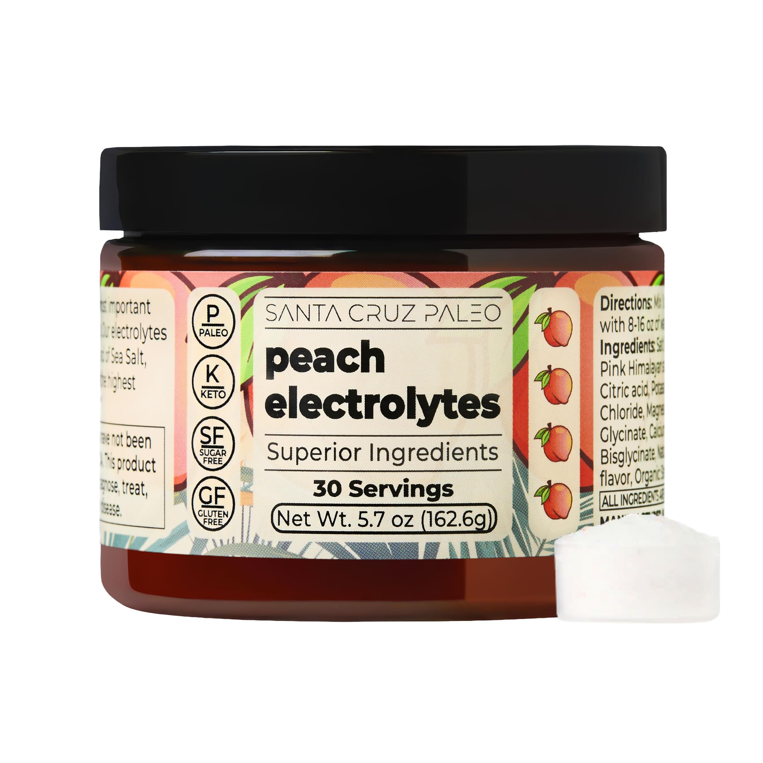 Real Salt Electrolytes Powder, Peach, Made with Himalayan Pink Salt, Sea Salt, Magnesium Glycinate, Gluten Free, Keto, Sugar Free, Paleo, 30 Servings, 1 Jar