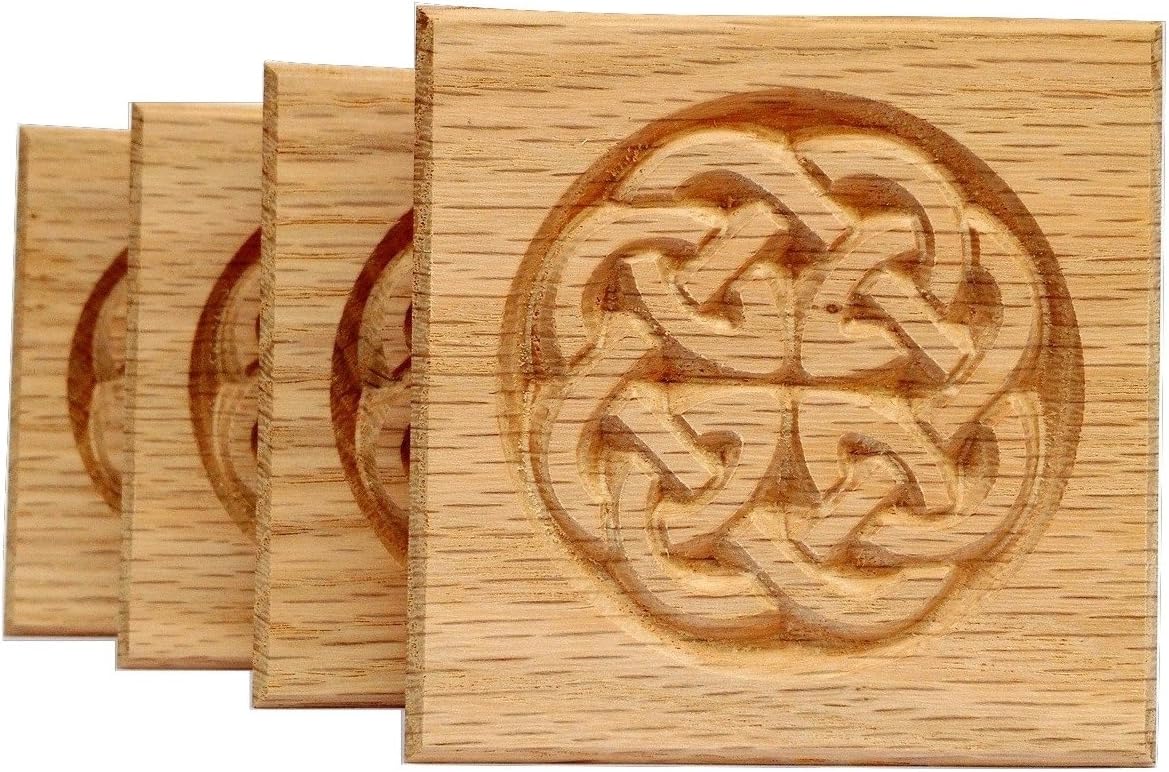 Set of 4: Carved Celtic "Dara" Knot Rosette Blocks, Made in USA (3.5"x3.5" RED Oak)