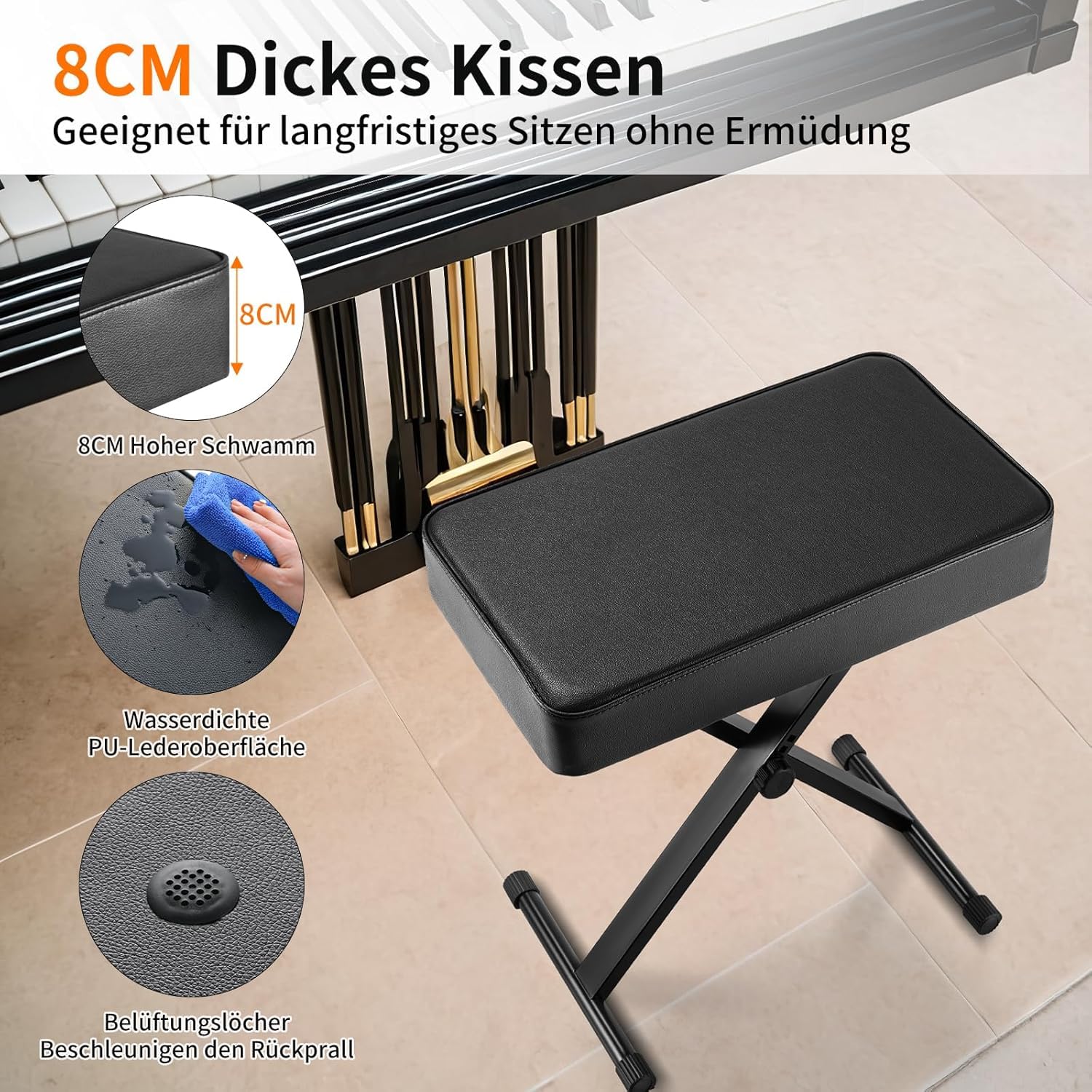 Supporto Tastiera e Sgabello Pianoforte Regolabile, Pieghevole, Doppio Telaio a X, Cuscino Spesso, Portata 100KG, Nero