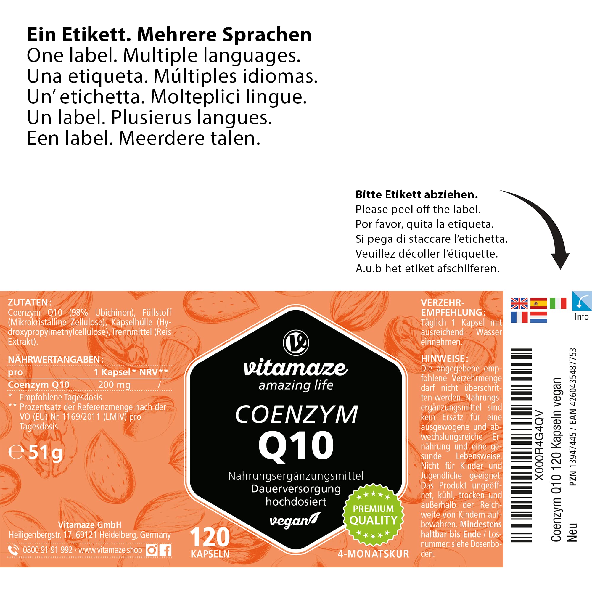 Coenzym Q10 hochdosiert, 200 mg pro Kapsel, vegan, 120 Kapseln für 4 Monate, 98% Ubichinon mit optimaler Bioverfügbarkeit, ohne unnötige Zusatzstoffe, Made in Germany