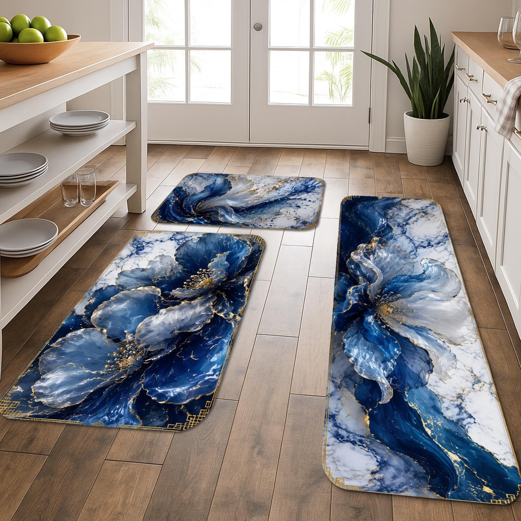 Tapis de cuisine confortables contre les sols froids lot de 3 bleus