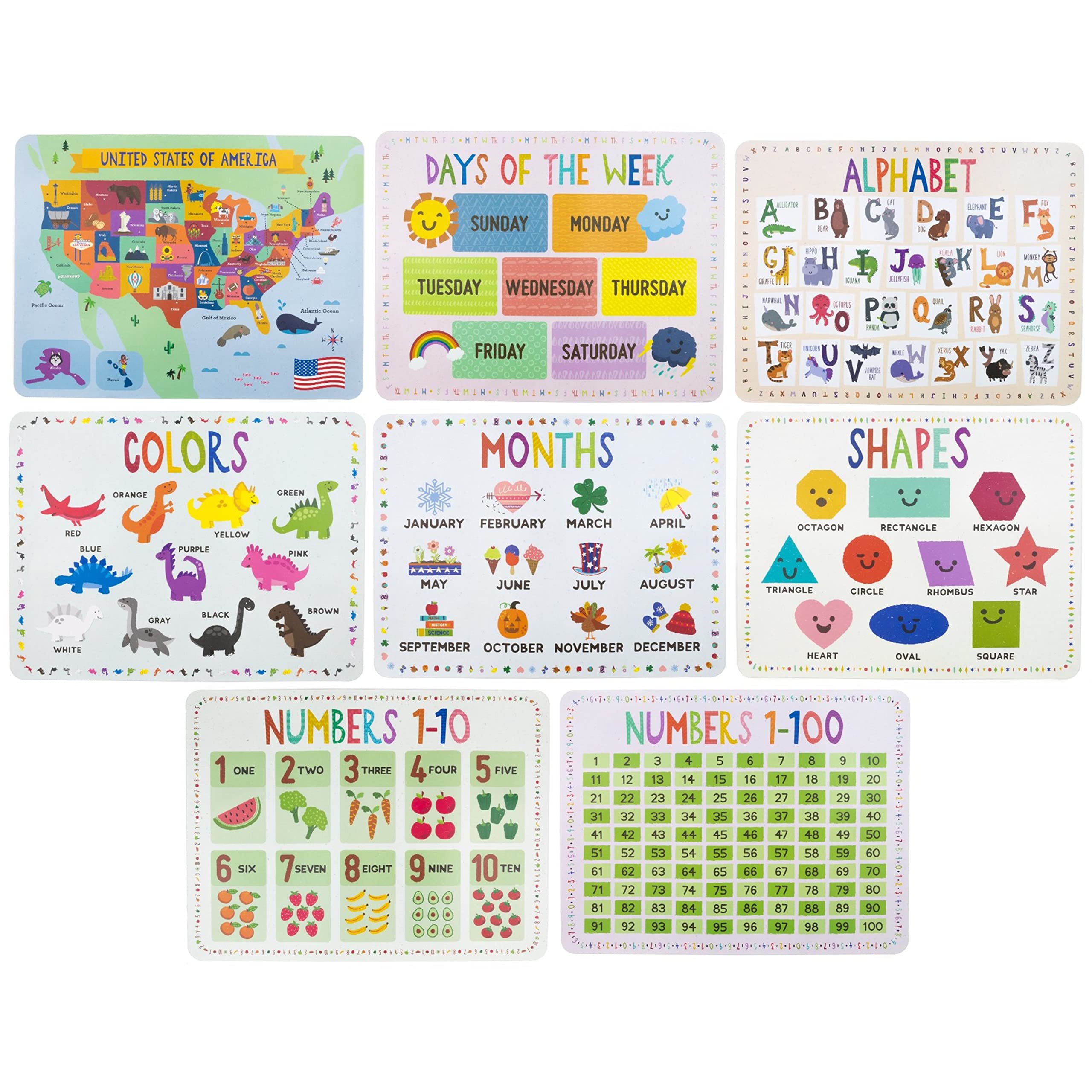 8-Pack Reversible Classroom Wall Posters 22" x 17" - Learn The Alphabet, Colors, Days, Months, Numbers, Shapes, & USA Map - Educational Posters by Pint-Size Scholars - Image 3