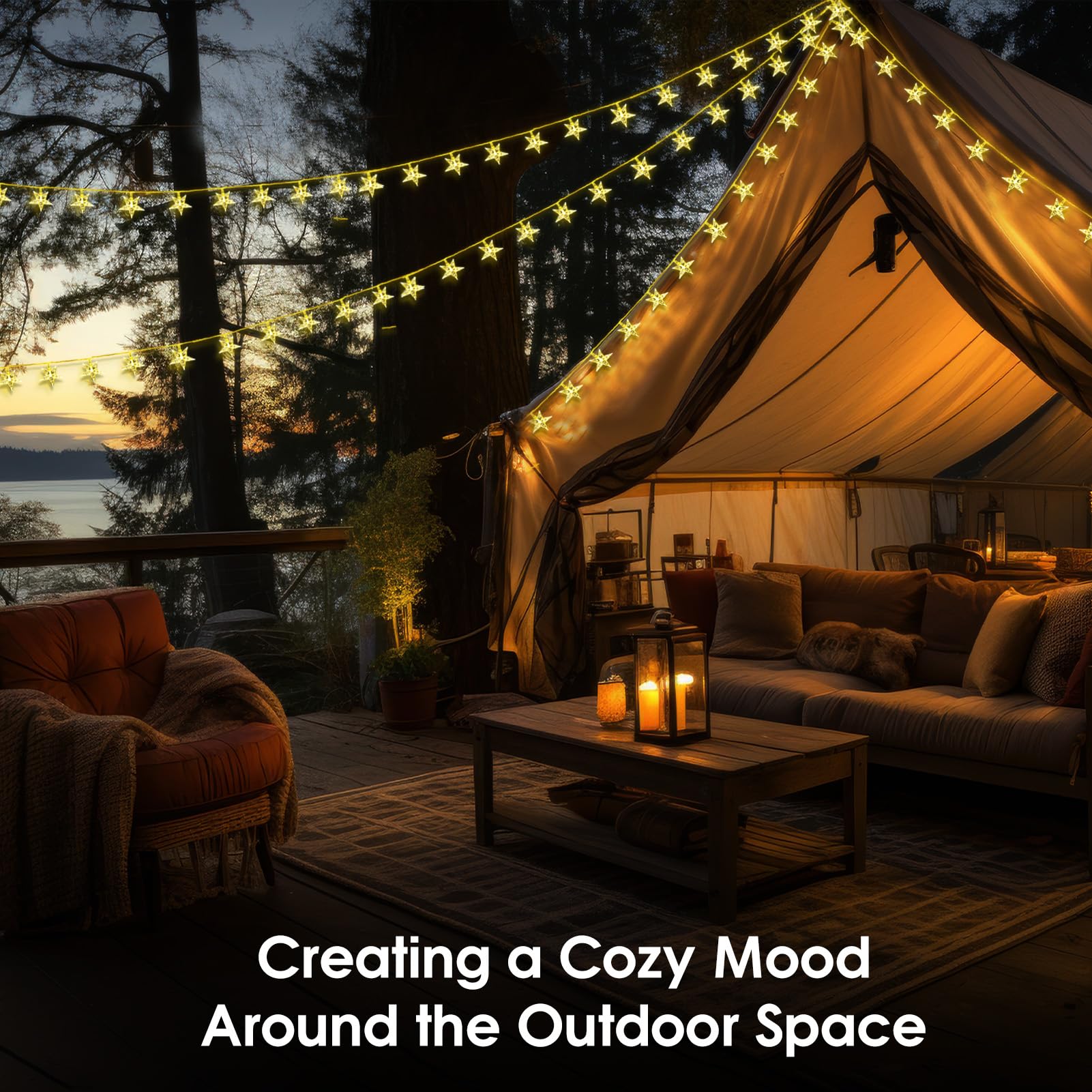 Guirlande lumineuse solaire en forme d'étoiles scintillantes pour extérieur 100 LED Blanc chaud | 8 modes de cour, jardin, terrasse, tente de camping, camping-car, cabane de jeu, décoration de cabane dans les arbres