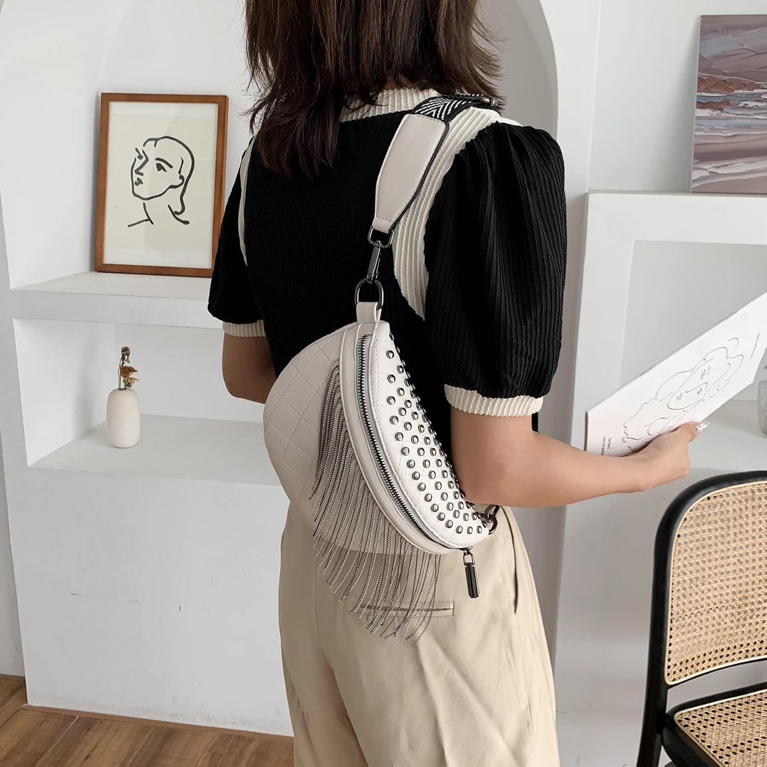 GLT.ETL Fanny Pack Chest Bag For Women Faux leather Fringe Quilted Waist Cross Body Blet Bum Bags Rivet Studded Tassel Purses (Beige White) - Image 7