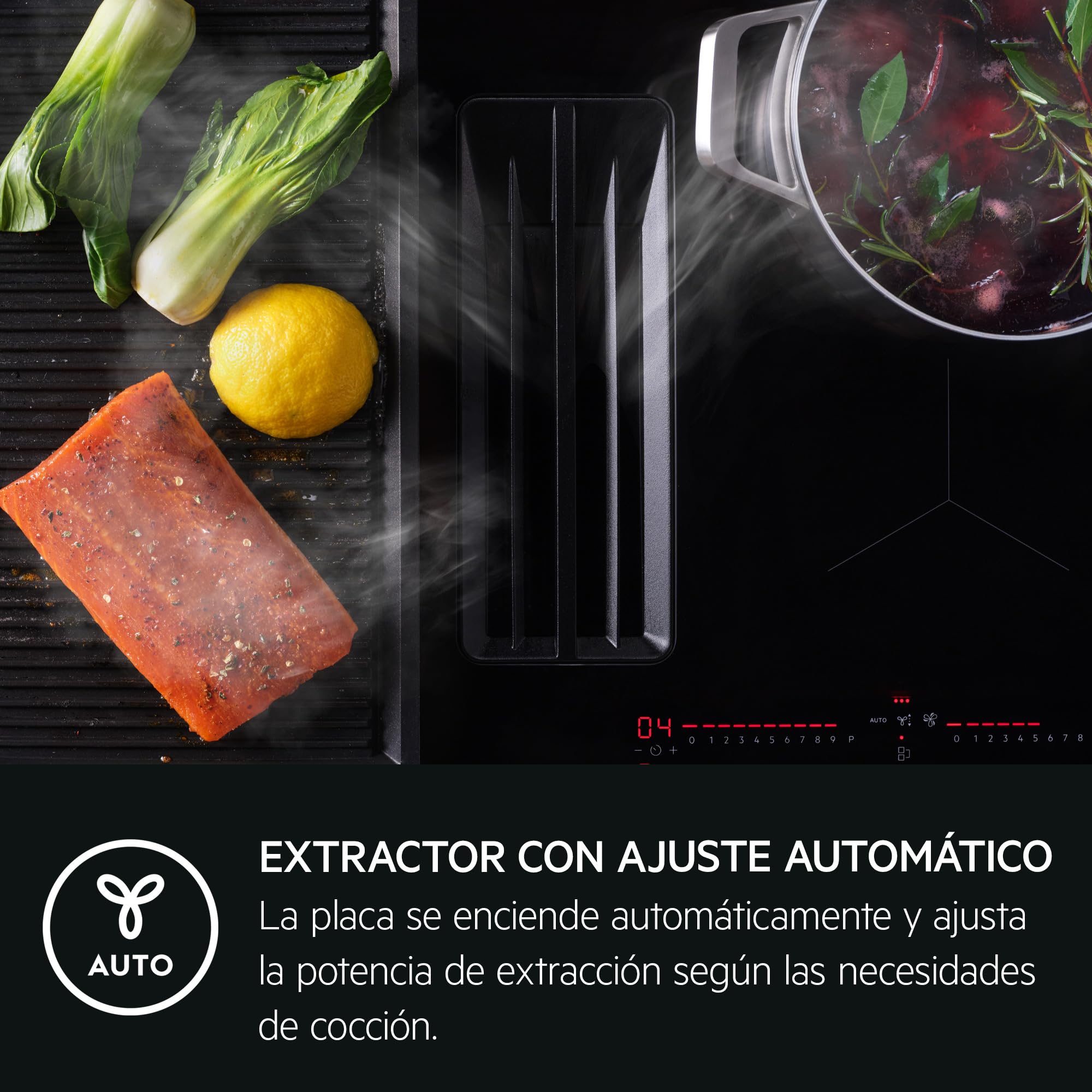 AEG Placa Inducción Extractora Integrado TCH74B01FB, 68 cm, 4 zonas, Función Bridge, 9 niveles de potencia, Gestionar Individualmente los 4 fuegos, Desconexión automática, Negro