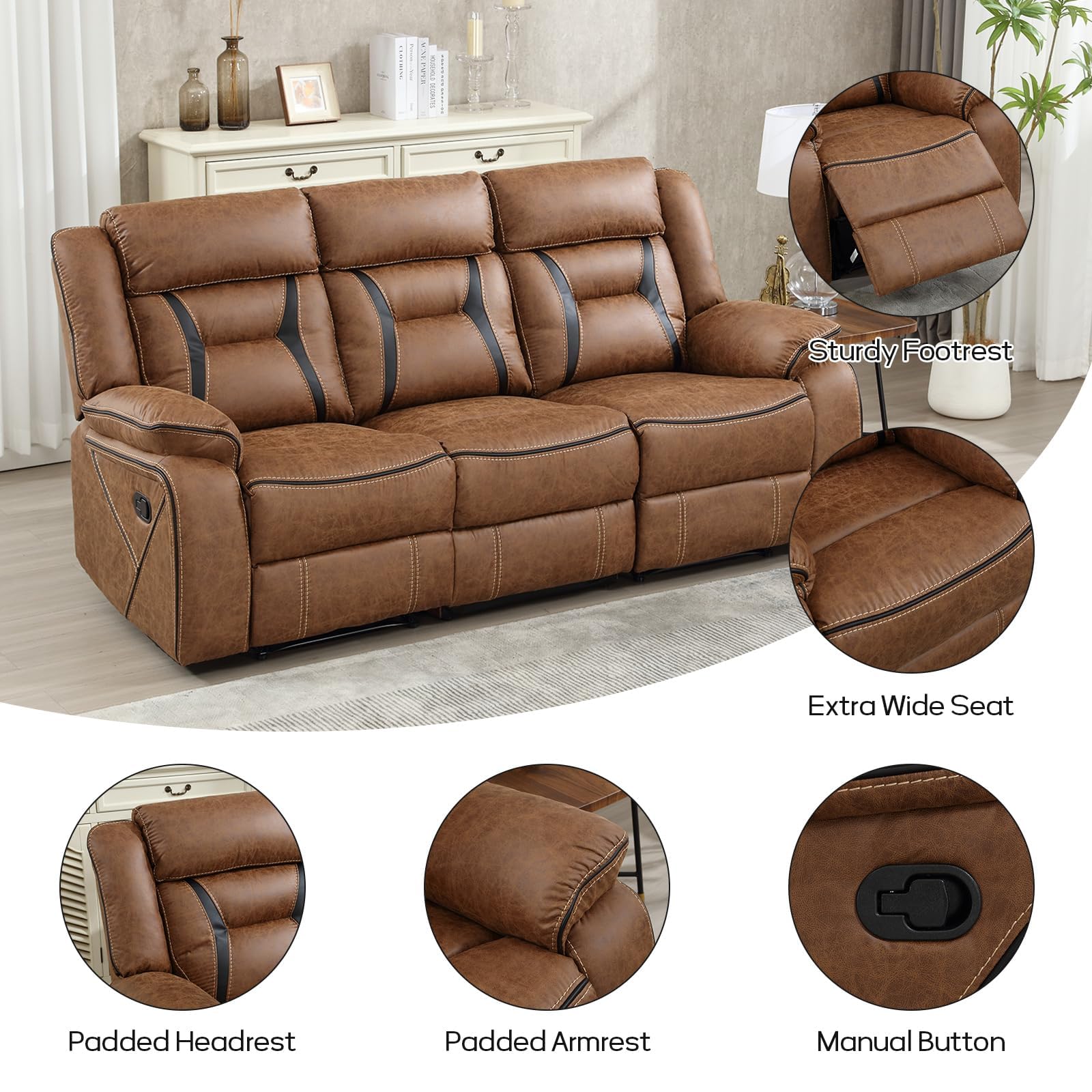 EBELLO Manual Recliner Sofa Set, Faux Leather Reclining Living Room Furniture Set, Included Recliner Chair and 3 Seat Manual Recline Sofa, Brown view 3