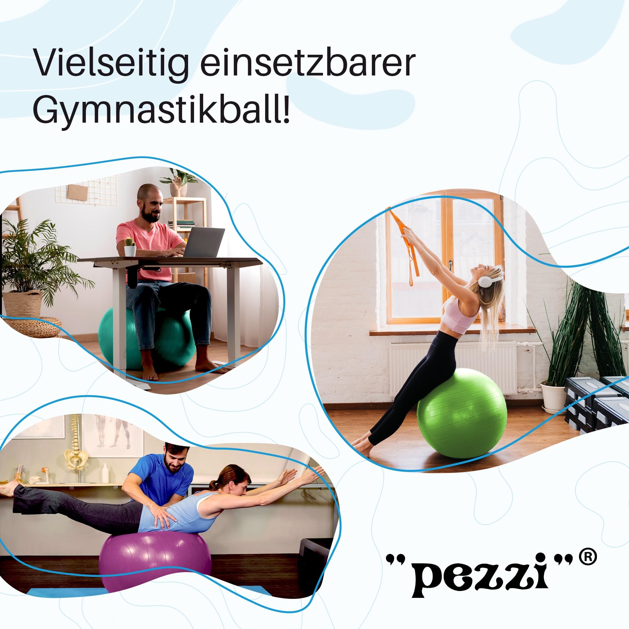 Pezzi - Gymnastikball Pezziball MAXAFE 75cm Ø mit Ballpumpe– Sitzball für Therapie, Sport & Büro - Trainingsball aus Flexton Silpower® latexfrei, widerstandsfähig & elastisch – Perlweiß