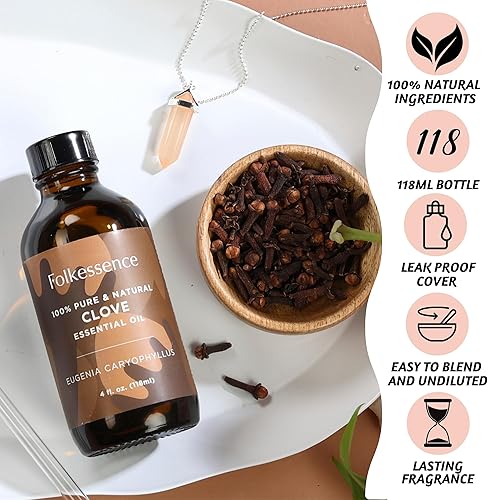 Miniatura 3 de Folkulture Aceite esencial puro de clavo, 4 onzas líquidas, aceite esencial 100% puro, natural y sin diluir, grado terapéutico prémium con gotero de