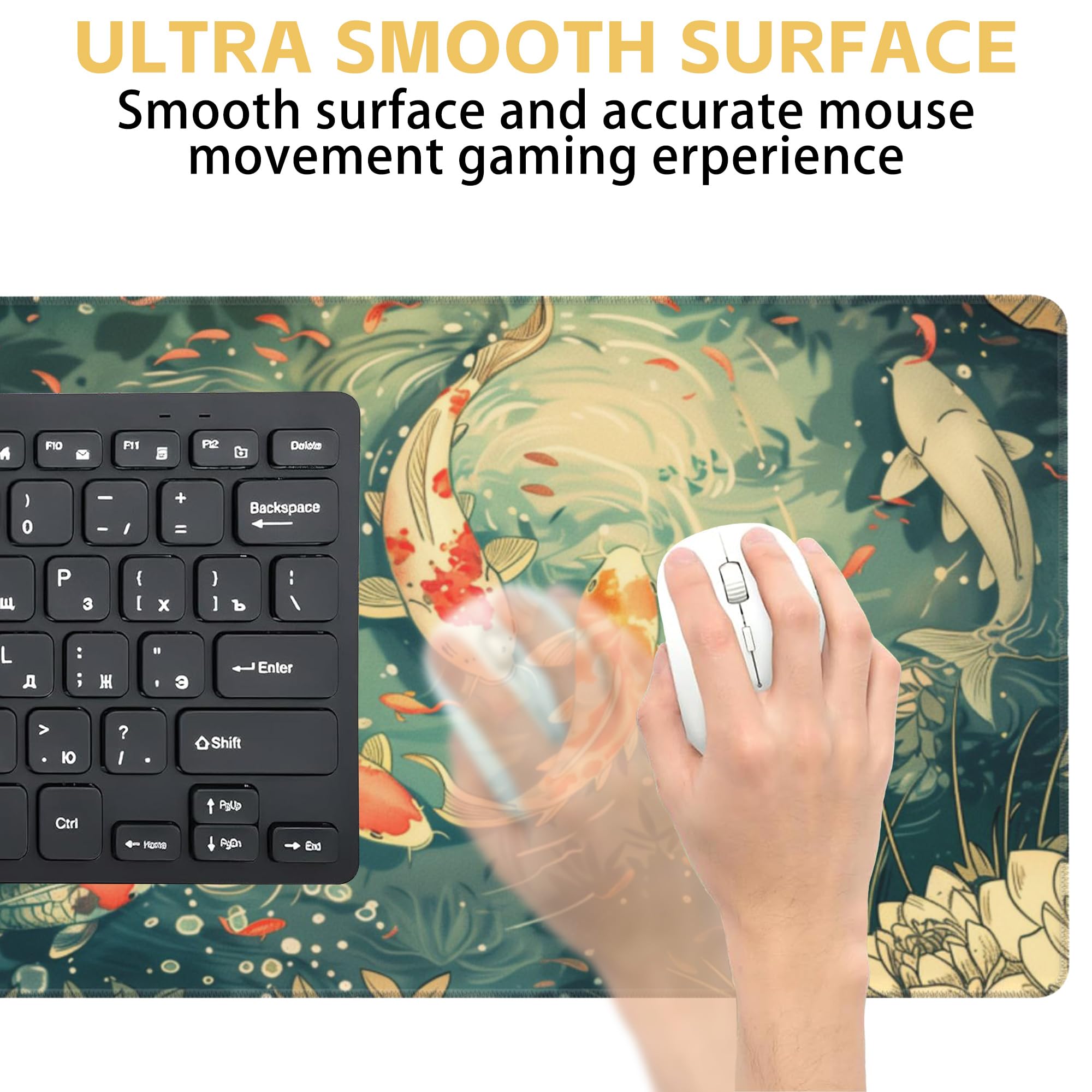 Alfombrilla de mouse grande extendida para juegos con diseño de estanque japonés, Lotus Koi, XXL, para teclado y mouse, base de goma antideslizante con bordes cosidos para decoración de escritorio de