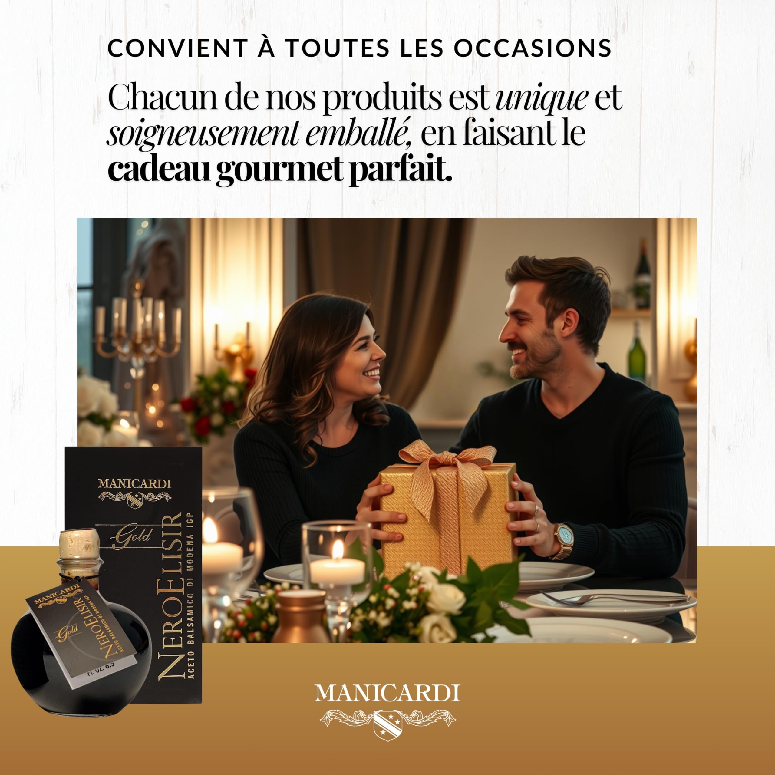 MANICARDI Vinaigre Balsamique de Modène IGP Nero Elisir Gold - Produit Italien avec bec verseur anti-goutte - Dense, parfait pour fromages, légumes, viandes rôties, fraises et glace, 250 ml