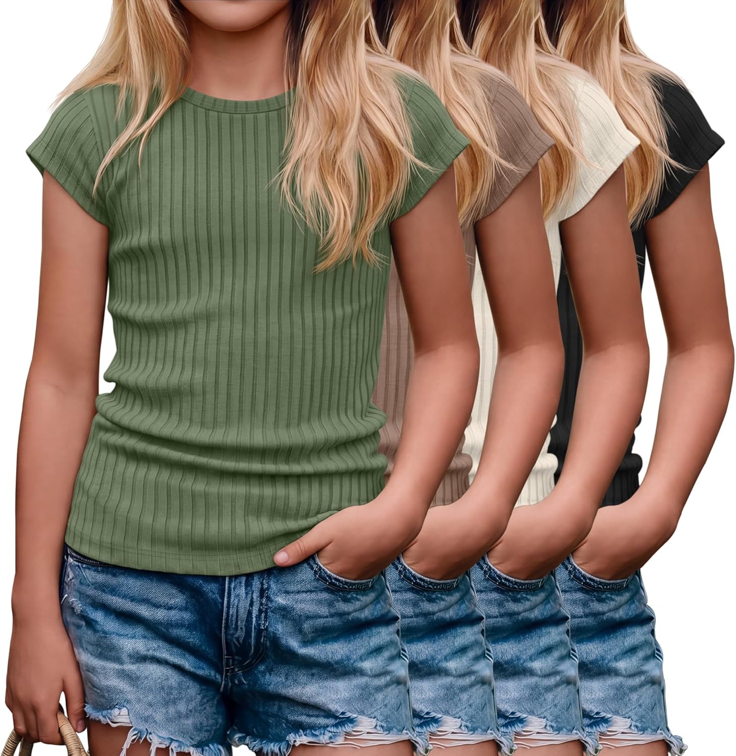 4 Pack Girl's Short Sleeve T-Shirts Ribbed Cap Sleeve Tops Crewneck Slim Fit Cute Blouse Summer Basic Tees 5-14Y