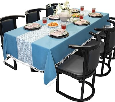 Rectangle Tassels Textured Fabric Tablecloth,Wrinkle Stain Resistant Washable Wipe Clean Table Cloth Cover Kitchen Dining Tabletop Decor,55x70 Inches,4-6 Seats,Blue-White Rhombus Checkered