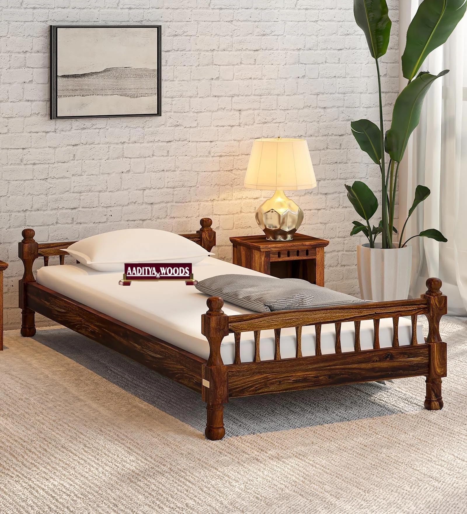 AADITYA WOODS Solid Sheesham Wood Single Bed Cot Without Storage | Single Size Bed for Bedroom | Multipurpose Use Bed- Teak 6