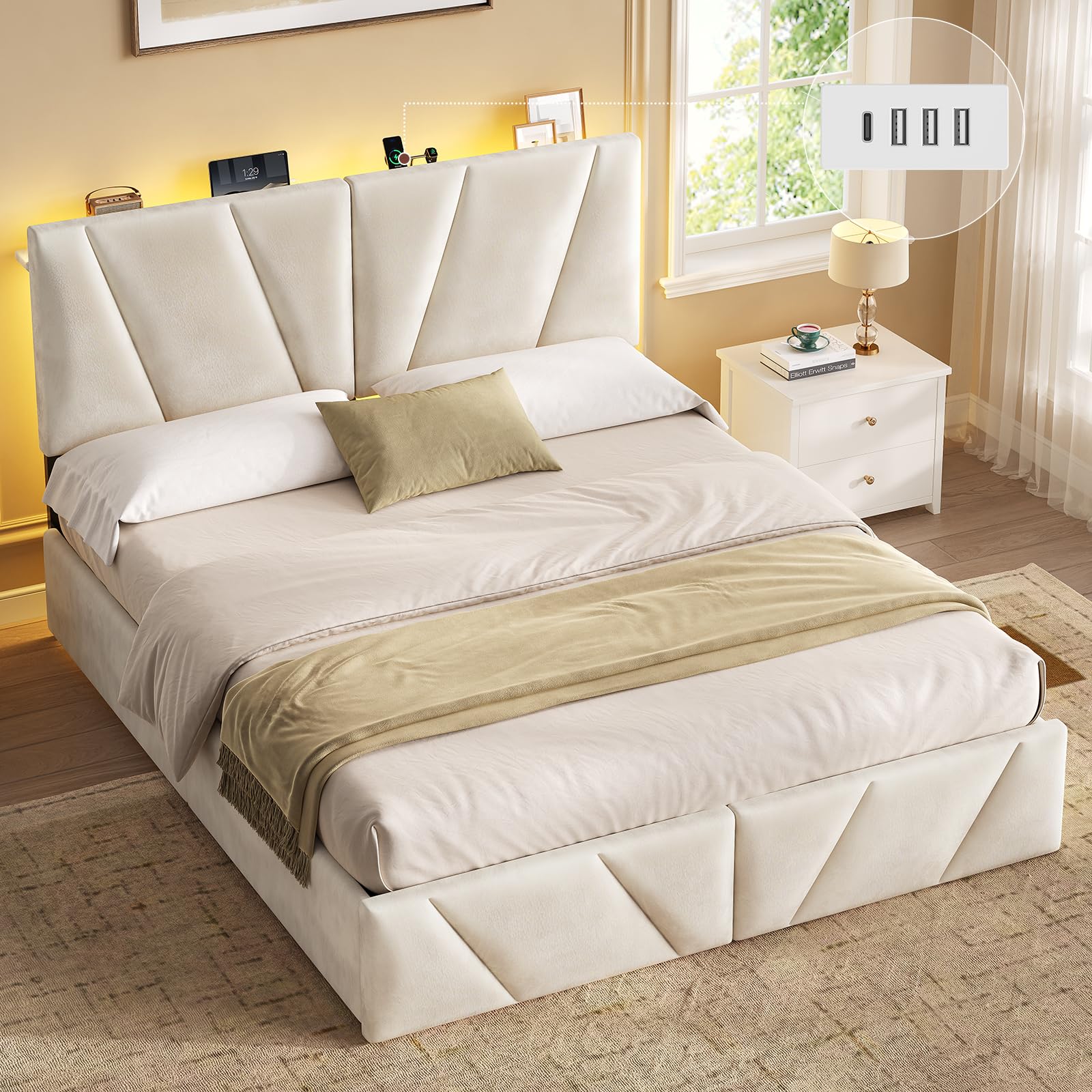 KIMENICH Bett 140x200, Samt Bett mit 4 Schubladen, Doppelbettgestell mit Steckdose & LED-Lichtband, 3-stufig höhenverstellbares Kopfteil, Schlafzimmer Stauraumbett, Beige Samt