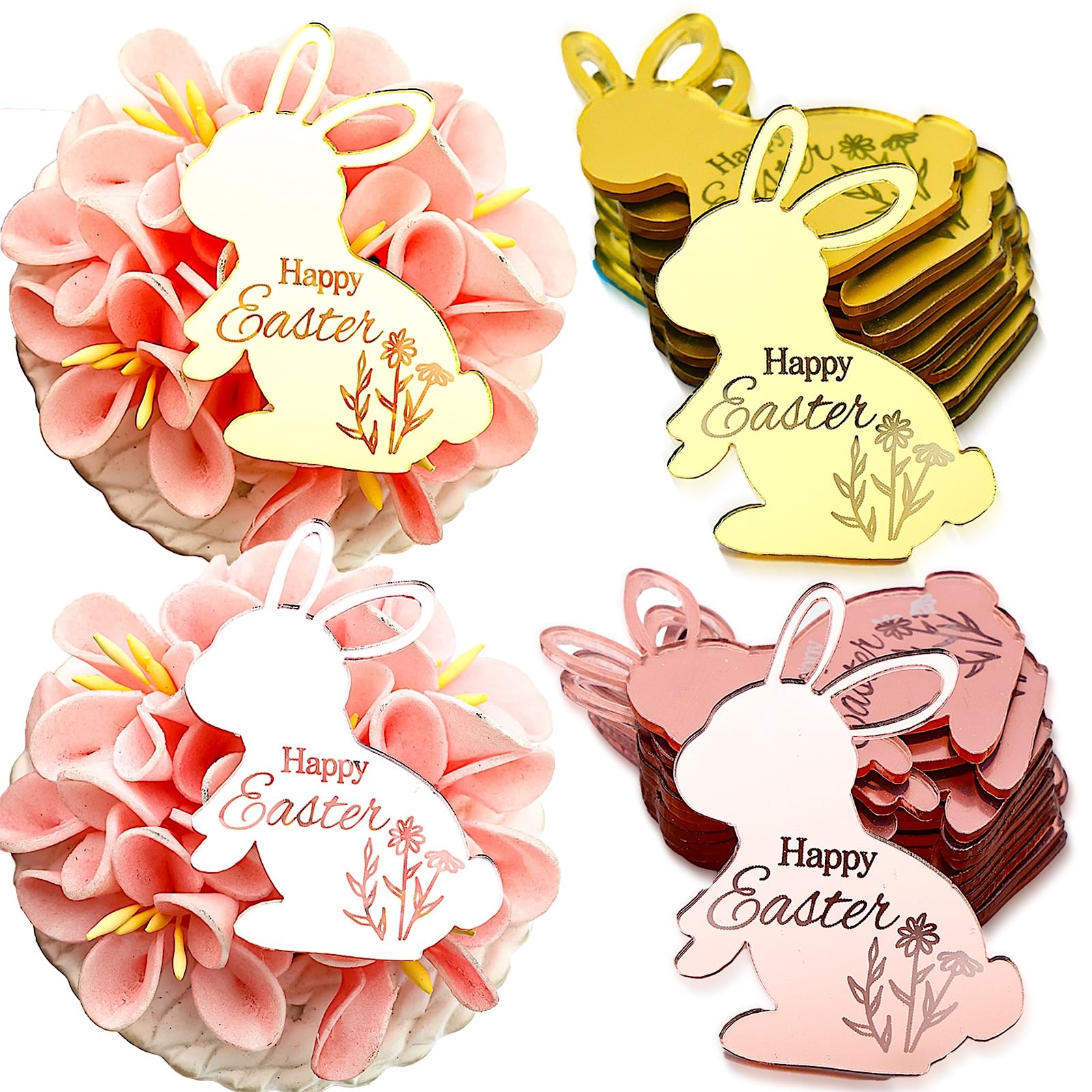 AiQi Bakes Easter Bunny Cupcake Toppers, 24 Pack Acrylic Decorations, Pink and Gold, Happy Easter Party Supplies