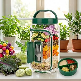 Salad Jar with Side Opening,Salad Container for Lunch,Vertical Layering Keeps Salads Fresh,Four-square condiment cup,lid and fork, Portable-Salad-Jar Side Opening, for Office, Travel & Outdoo
