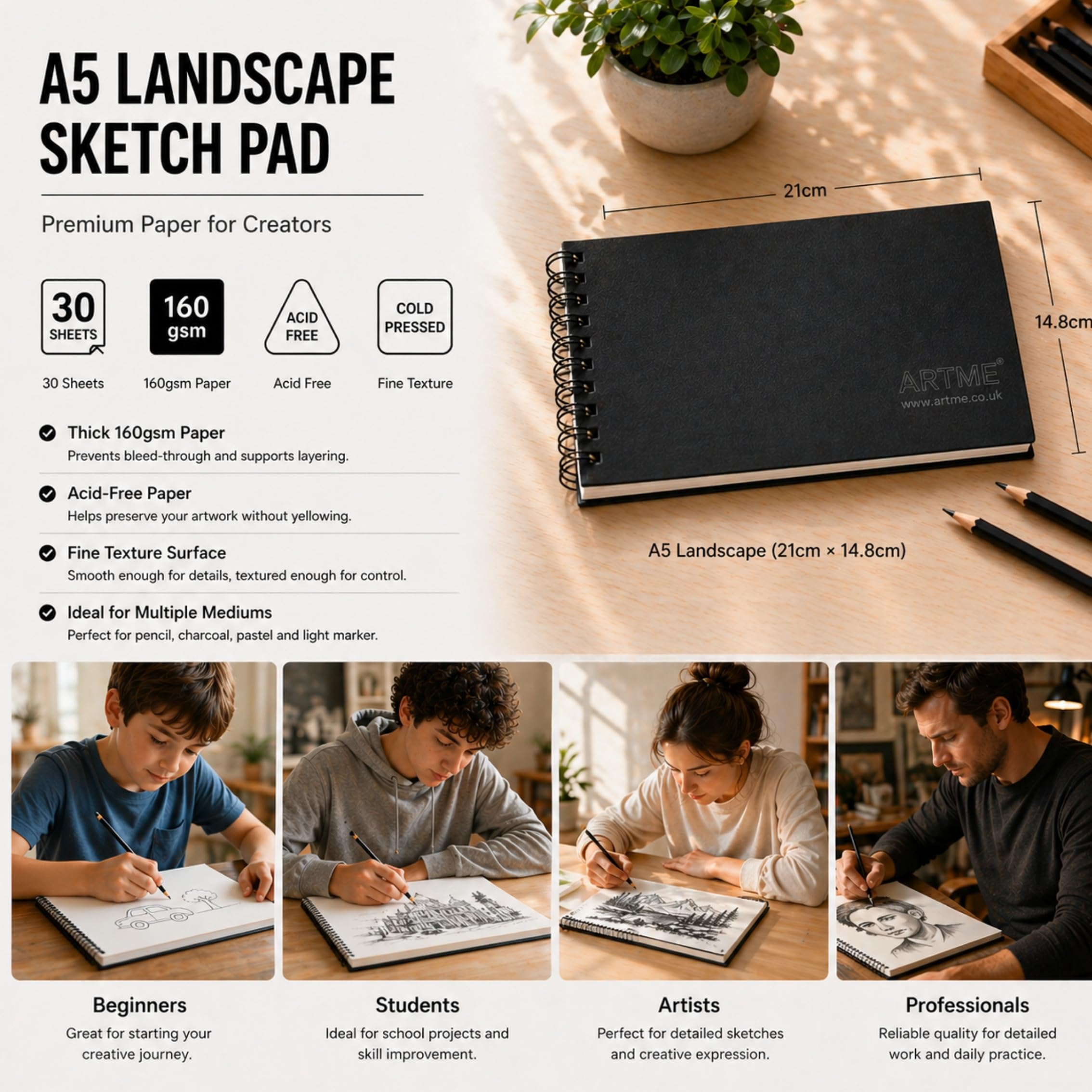 Artme Bloc de bocetos A5, 2 piezas, 30 hojas (160 g/m²), cuaderno de bocetos encuadernado en espiral