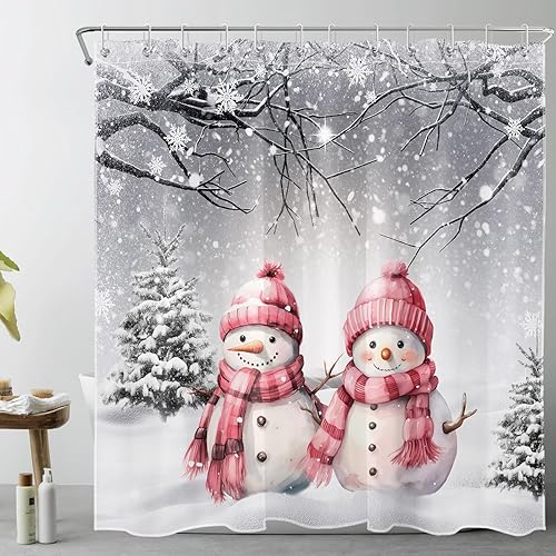 LB Pink Christmas Shower Curtain for Bathroom, Funny Snowman and Snowy Pine Tree on Snowfield Fabric Shower Curtain with Hooks, Grey Winter Scenery