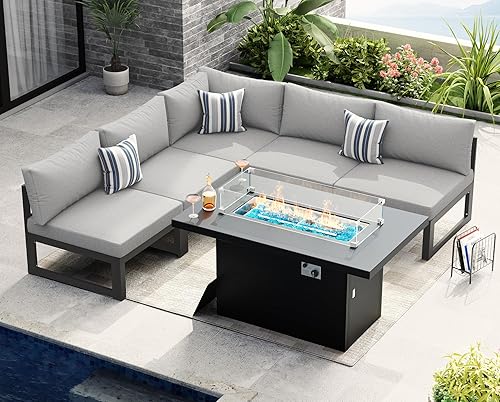 Miniatura 398 de NICESOUL 7 Piece White Powder-Coated Aluminum Patio Furniture with Fire Pit Table, 29 Inch Extra Wide Outdoor Sectional Sofa for 6, High-End Heavy
