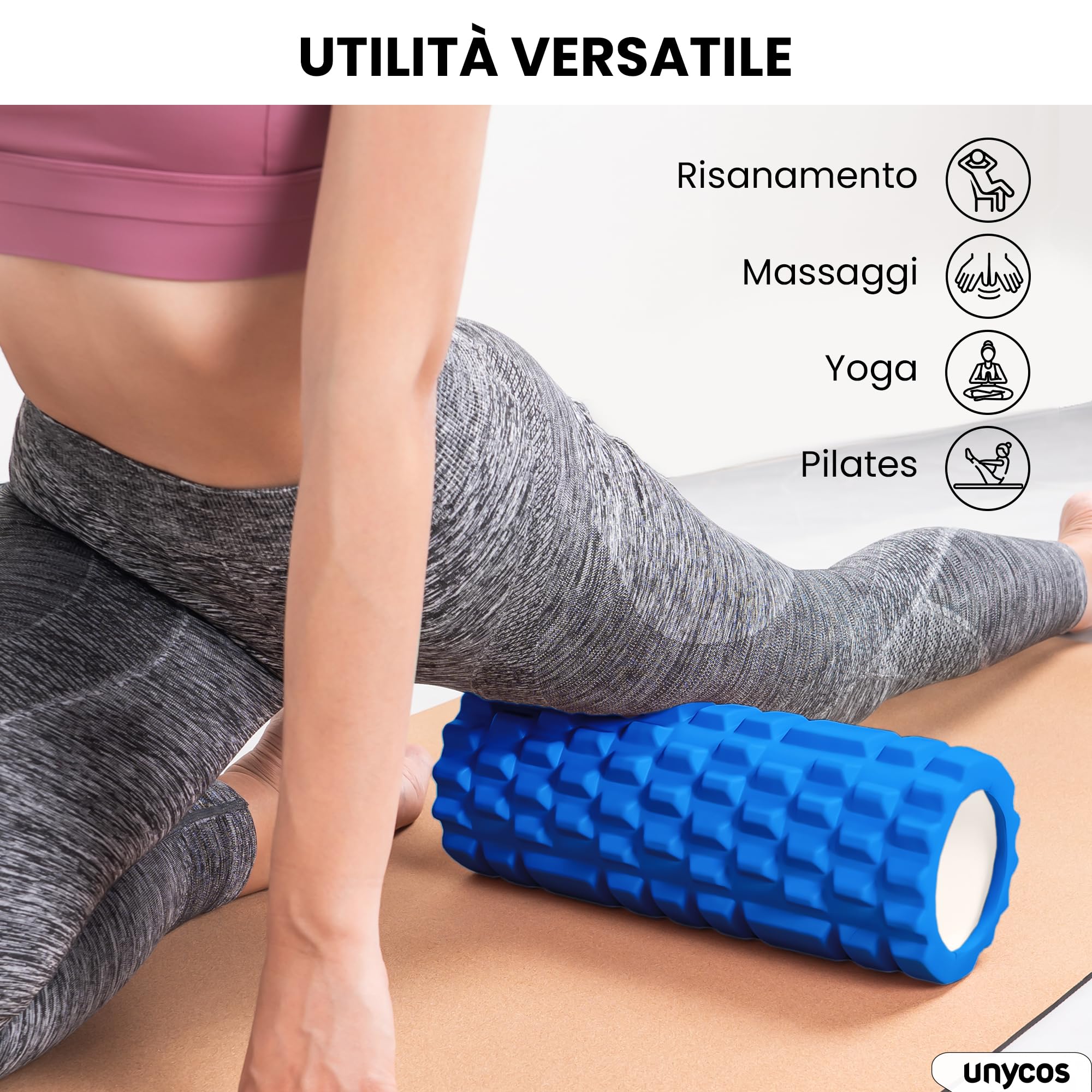 unycos - Foam Roller【Carico 130 kg】Rullo Massaggio Muscolare per Gambe, Schiena, Braccia, Trigger Point, Automassaggio, Yoga, Pilates, Physio, Fitness | Ultraleggero in EVA Dura 33x14 cm (Blu)