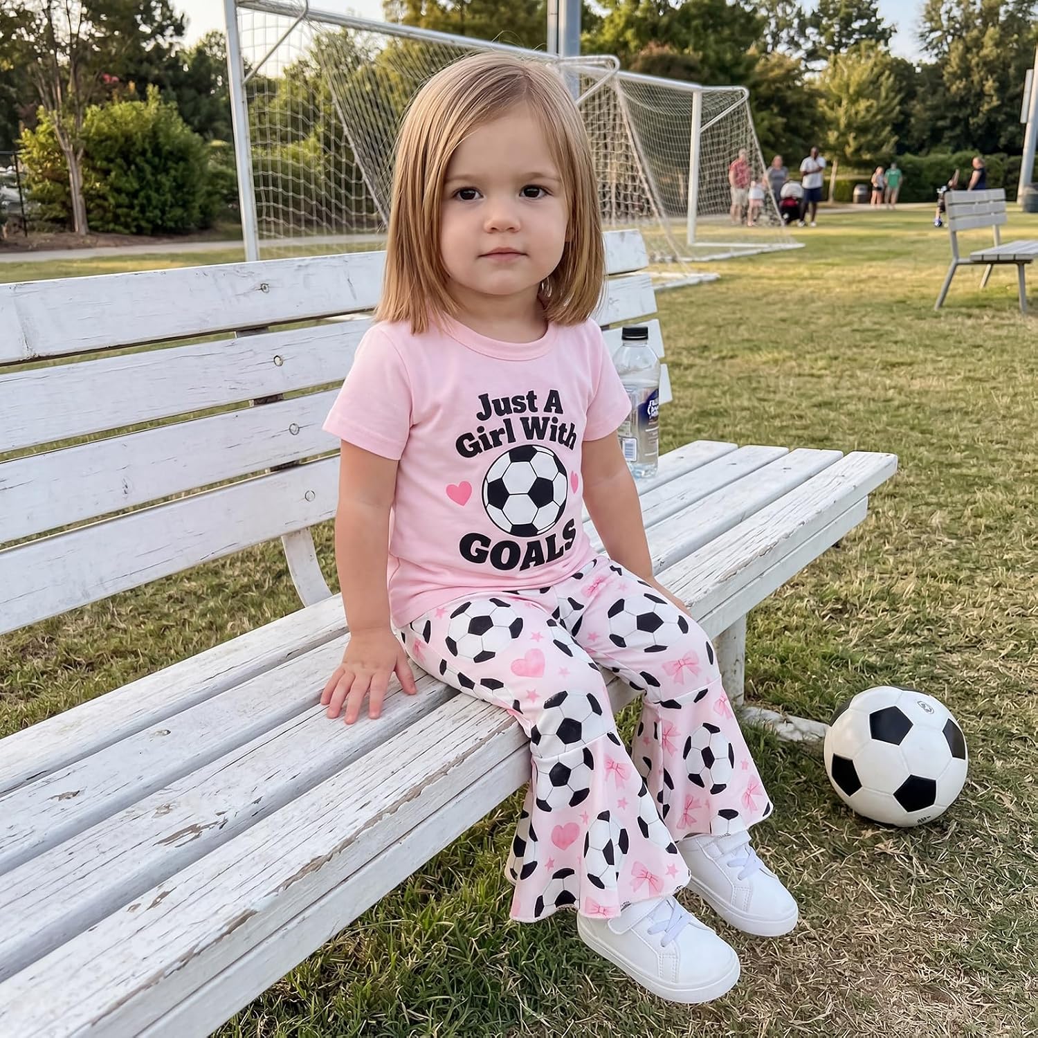 KMBANGI Baby Girl Soccer Outfit Short Sleeve Just a Girl with Goals T-Shirt Soccer Bows Flare Pants Toddler Game Day Clothes