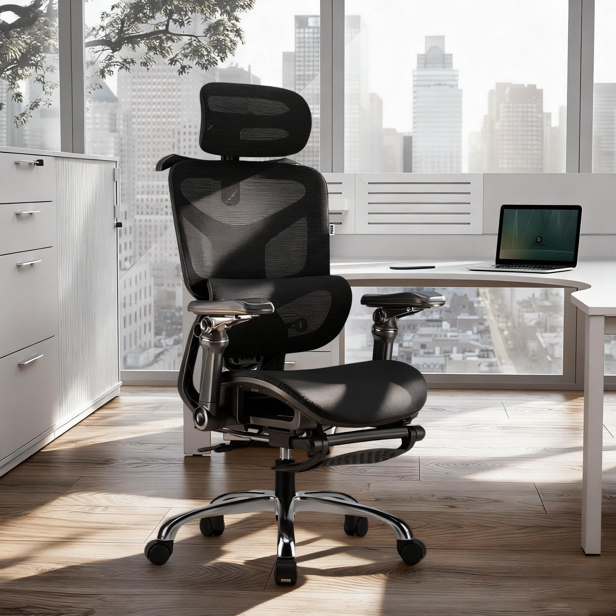POSH Sedia da ufficio ergonomica con poggiapiedi e braccioli 9D, inclinazione di 145°, con supporto lombare dinamico, poggiatesta regolabile, schienale in rete e croce in alluminio, fino a 100 kg