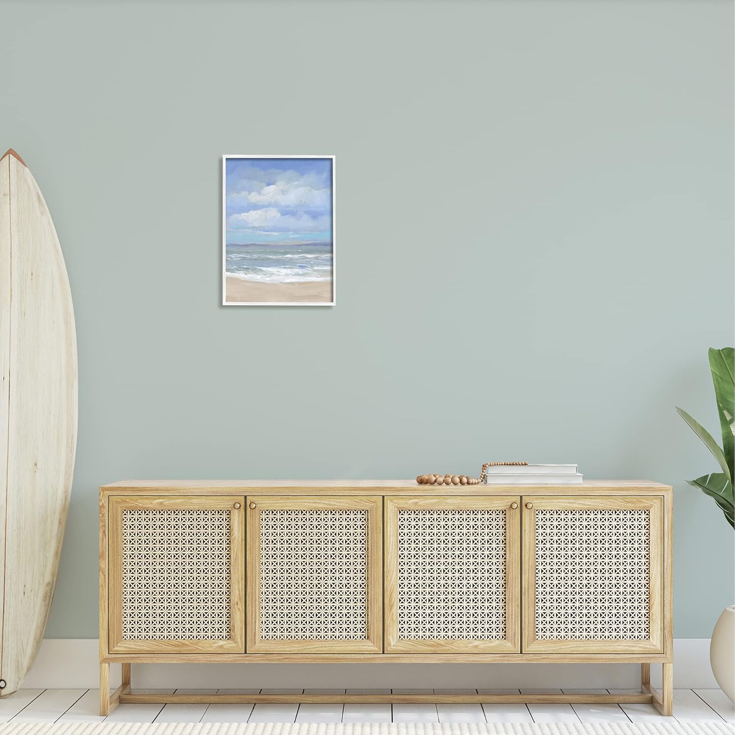 Cloudy Ocean Bay Shoreline Landscape Canvas Print with White Frame
