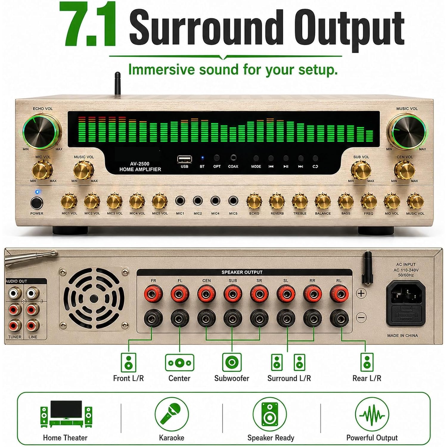7,1-kanałowy odbiornik stereo, domowy wzmacniacz audio 2500 W, dynamiczny wyświetlacz spektrum, Bluetooth, odtwarzanie USB, optyczne koncentryczne wejścia Aux RCA, wiele gniazd mikrofonowych
