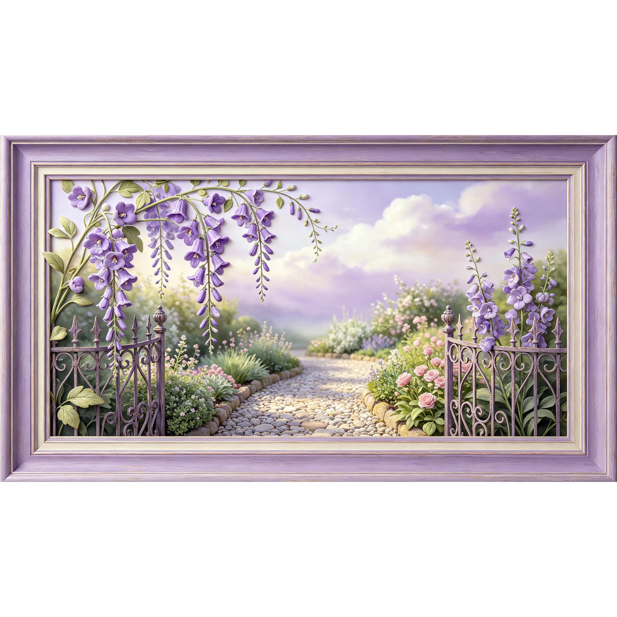 QZLITHOTIC 50×90cm3D Framed Wall Art， Purple Wisteria Floral Garden Path Botanical Self?Adhesive Mural， Water?Activated Peel & Stick Fabric Decor Wall Decal for Bedroom Living Room