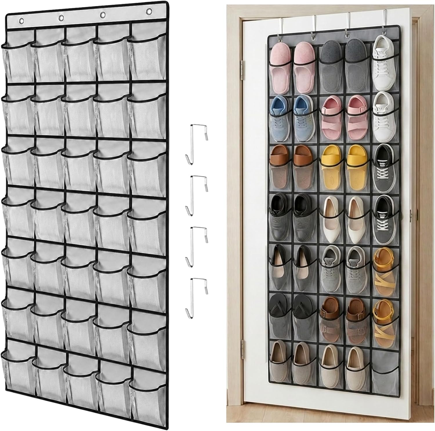 35 Pockets Over The Door Shoe Organizer, Large Breathable Mesh Hanging Shoe Rack with 4 Metal Hooks, Space Saving Gray Over Door Shoe Storage Holder Mesh Bag for Closet Entryway Bedroom Pantry