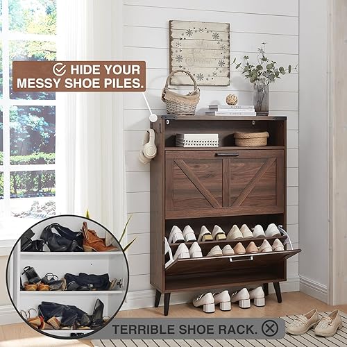 Miniatura 3 de Zapatero, organizador de zapatos con 2 cajones y diseño estilo campestre, armario independiente oculto estrecho, con estantes abiertos, para