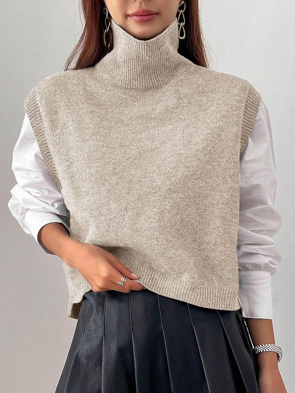 Women Turtleneck Crop Sweater Vest Sleeveless High Neck Solid Loose Fit Knitted Causal Jumper Top Streetwear - Image 2