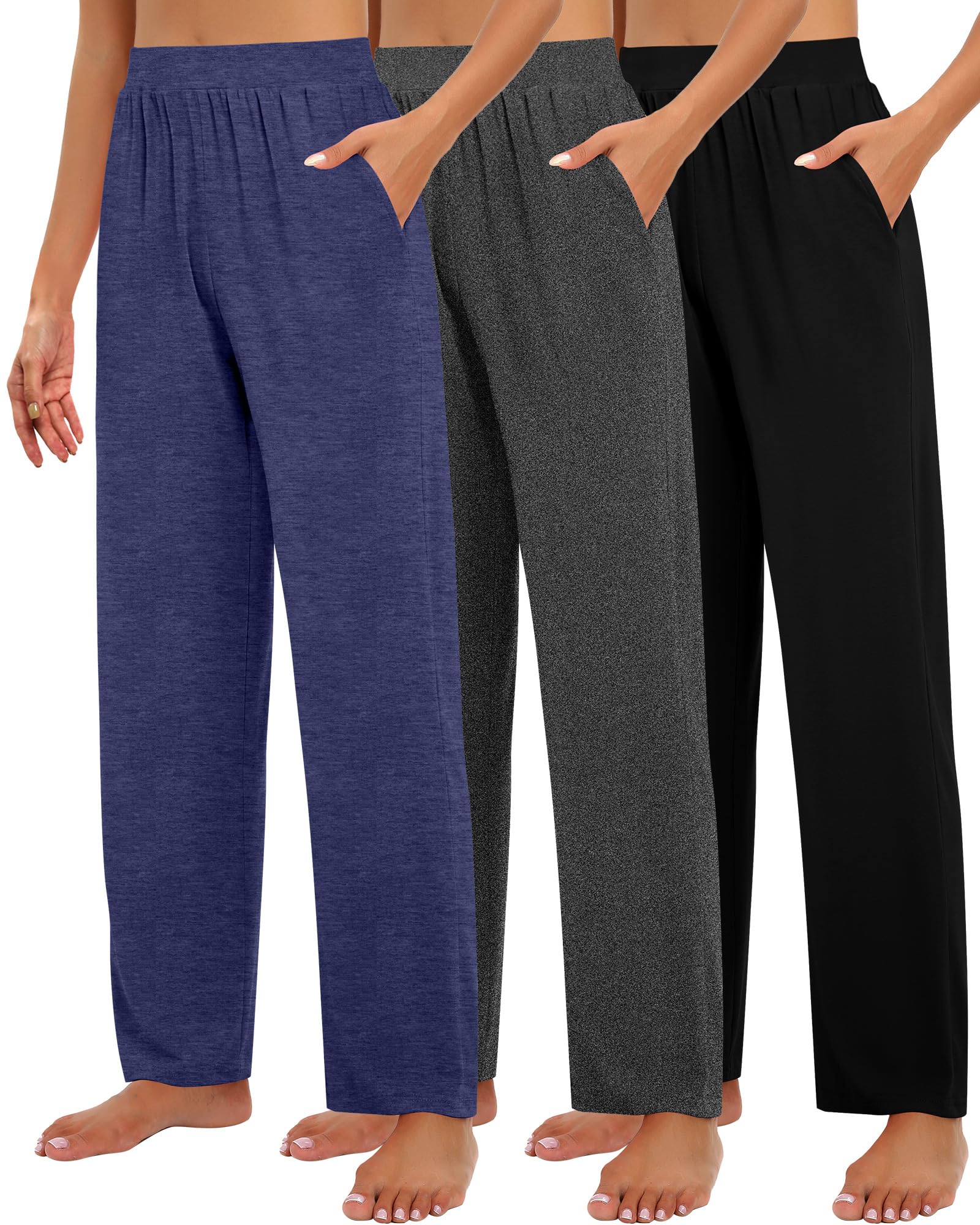 Geyoga 3er Pack Damen Loungewear Hosen mit Taschen Weites Bein Bequeme Loungewear Hosen Locker Fallende Yoga Jogginghosen