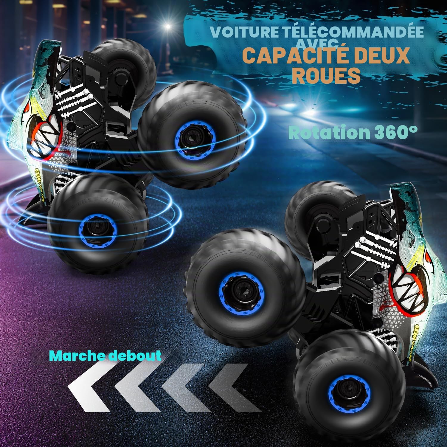 Voiture télécommandée monstertruck 1/16 avec stomp, rotation 360°, spray, lumières, musique, 15 km/h, RC 40 min