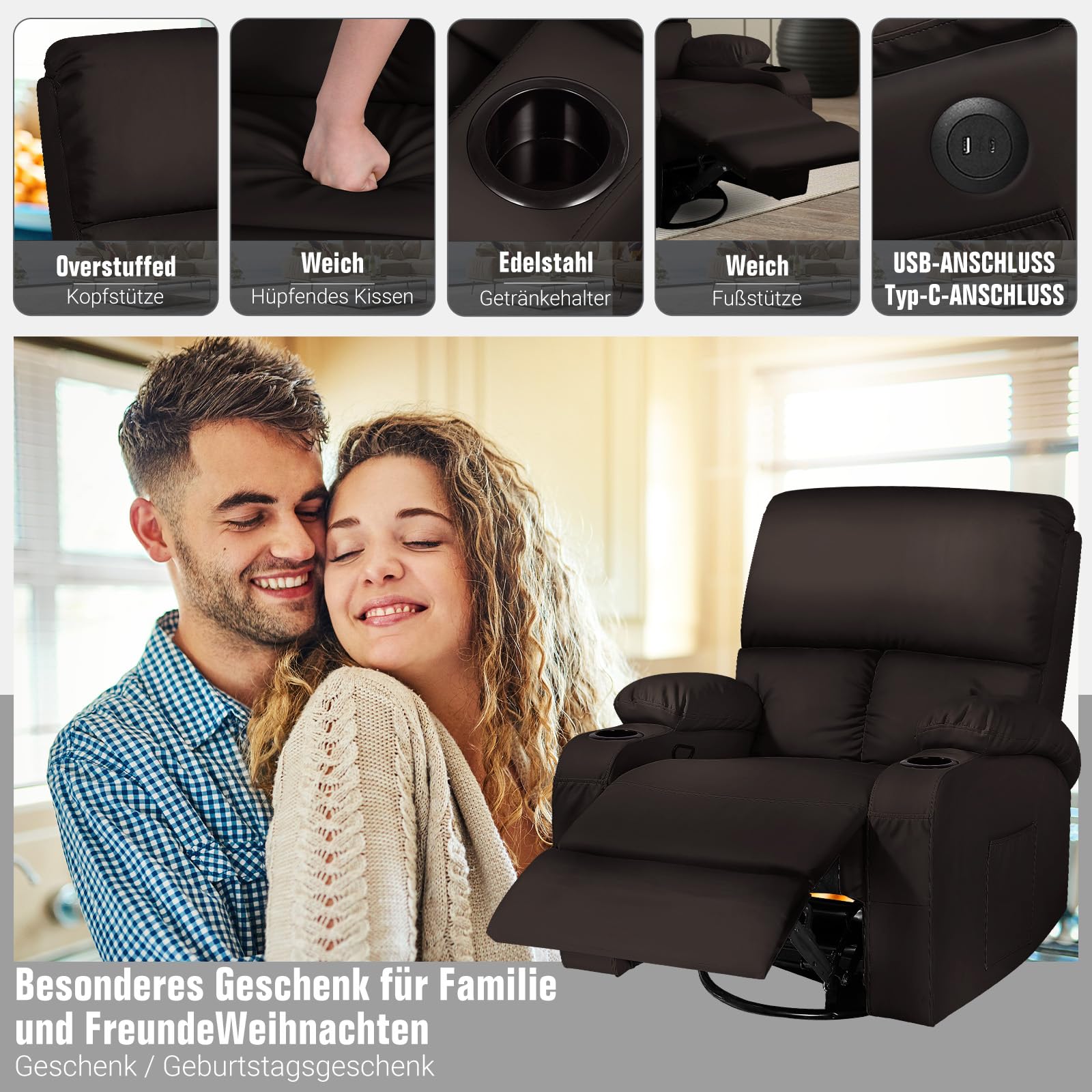 Schaukelstuhl mit Relaxfunktion, Massagesessel mit Vibration und Wärme, USB- und Type-C-Anschlüsse, 360° drehbare Kunstledersessel, Wohnzimmer, Schlafzimmer, Kinderzimmer, Wohnmobil, Braun
