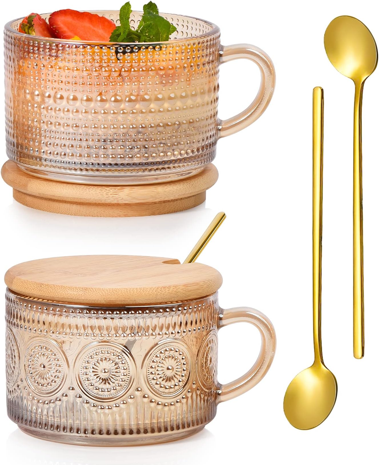 CAYOREPO 4 Parçalı Vintage Cam Kahve Kupası Seti, Bambu Kapak ve Kaşıklarla Birlikte - Buzlu Kahve ve Çay İçin 14 ml Şeffaf Bardaklar