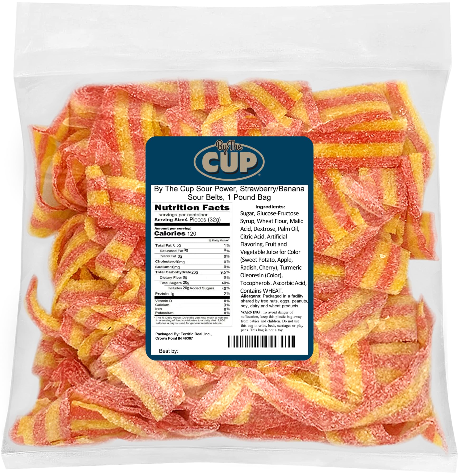 By The Cup Strawberry Banana Sour Belts, 1 lb Bulk Bag