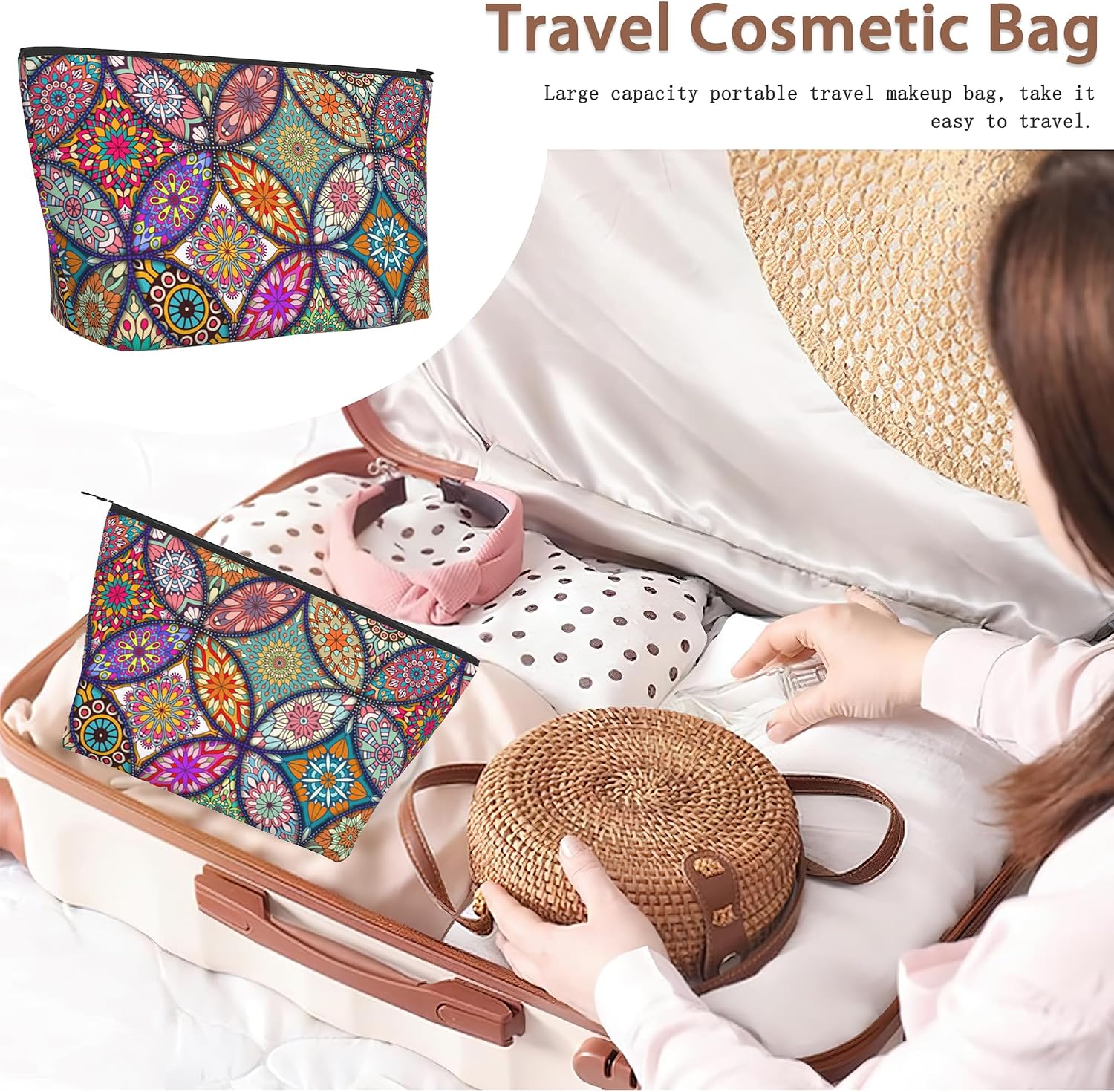 Boho Mandala Travel Makeup Bag,Vintage Flower Cosmetic Bags Small Waterproof Zipper Women Purse Mini Portable Traveling Organizer Pouch for Ladies Thanksgiving Gifts