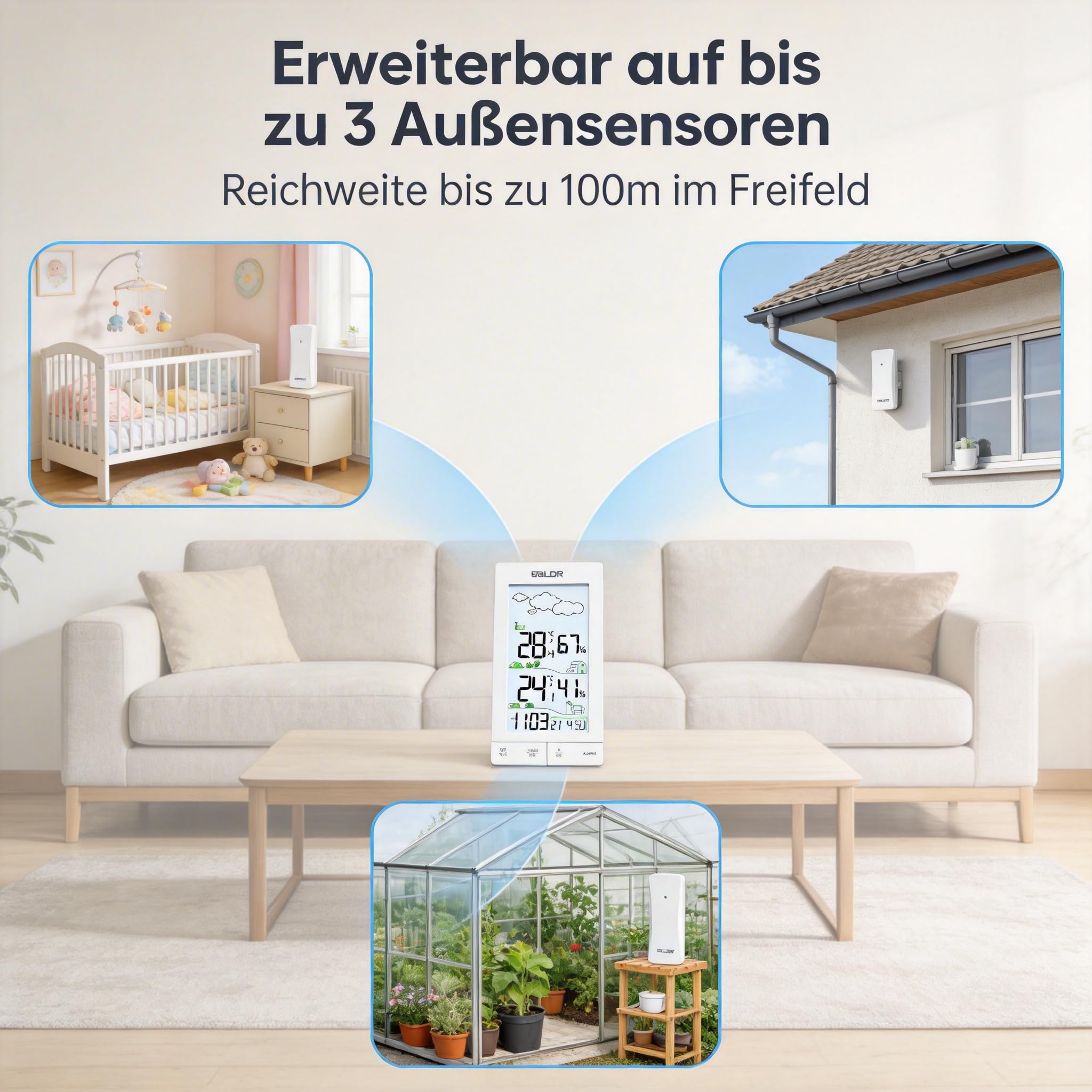 Konsen Wetterstation Funk mit Außensensor – 5" Display mit Hintergrundbeleuchtung, DCF Funkuhr, Innen- & Außentemperatur, Luftfeuchtigkeit, Wettervorhersage, einfache Bedienung durch vordere Tasten