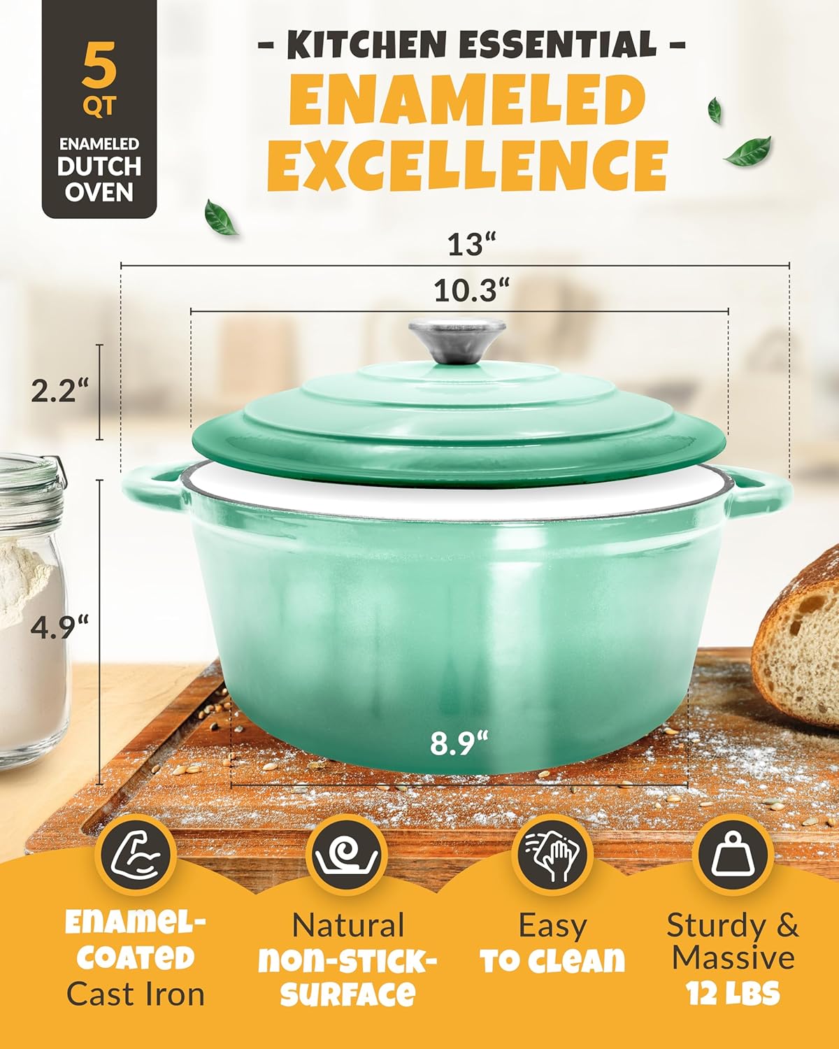 Dutch Oven for Bread Baking - incl. Sourdough Bread-Baking Supplies like Banneton Bread-Proofing Basket - 5QT Enameled Cast Iron Bread-Oven with Lid, Baking Pan, Scoring Tool Lame - Image 3