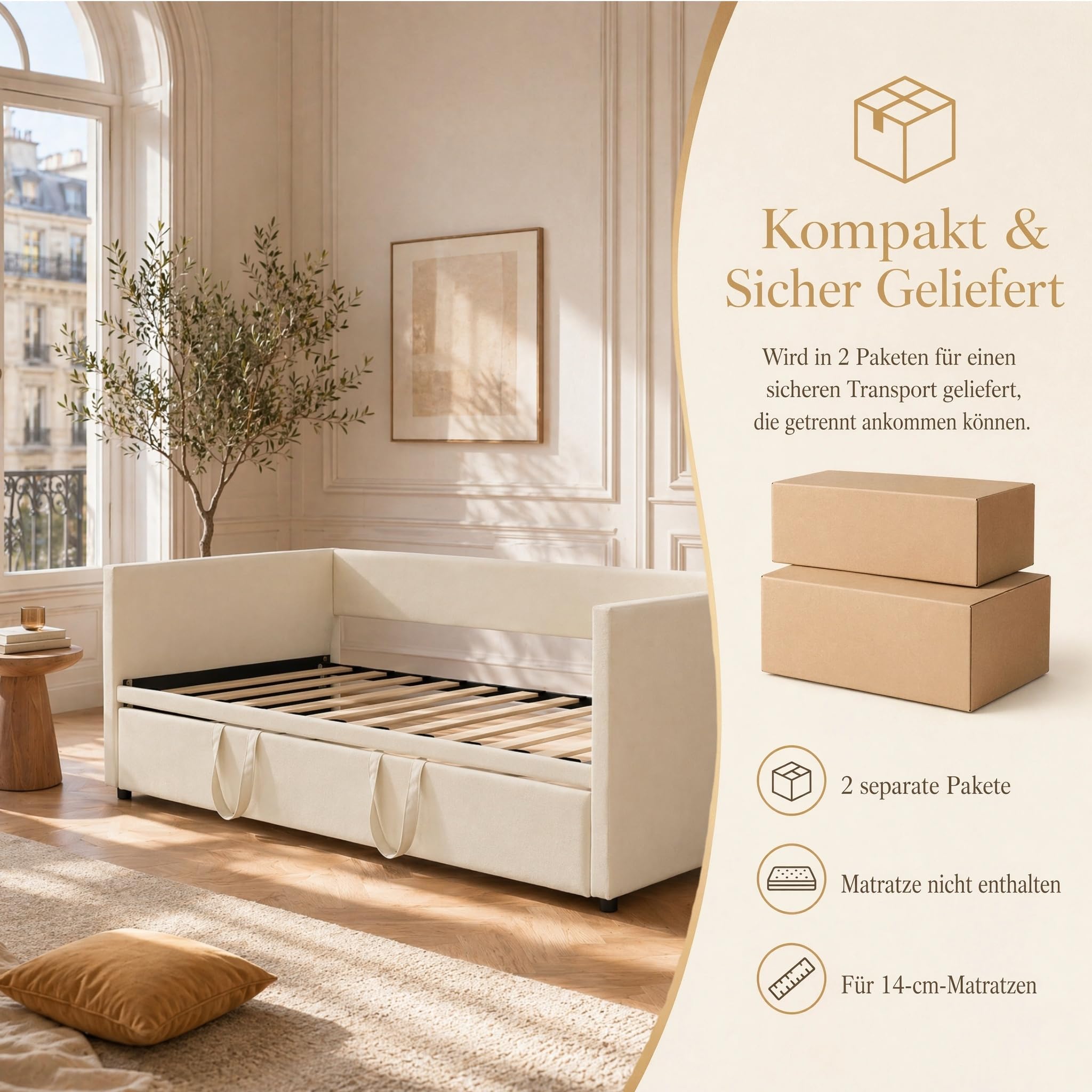 schlafcouch 90/180x200cm,tagesbett ausziehbar,sofa,Einzelbett/Doppelbett | letto singolo con letto estraibile,Samt Polsterbett Tagesbett,Ideal für kleine Räume, Gästebett,ohne Matratze,Beige