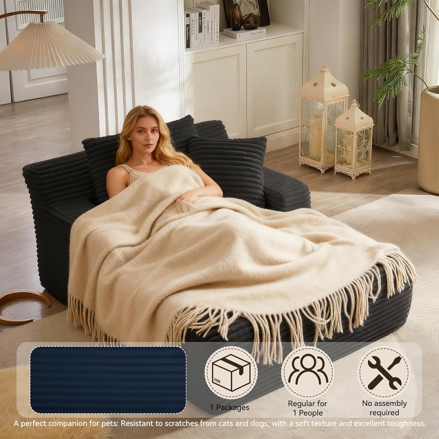 66" Oversized Chaise Lounge Chair Indoor, Corduroy Boneless Chaise Lounge Sofa Bed, Cloud Reading Chair & Sleeper Sofa, Deep Seat Lounge Chair for Living Room Bedroom, No Assembly (Blue)