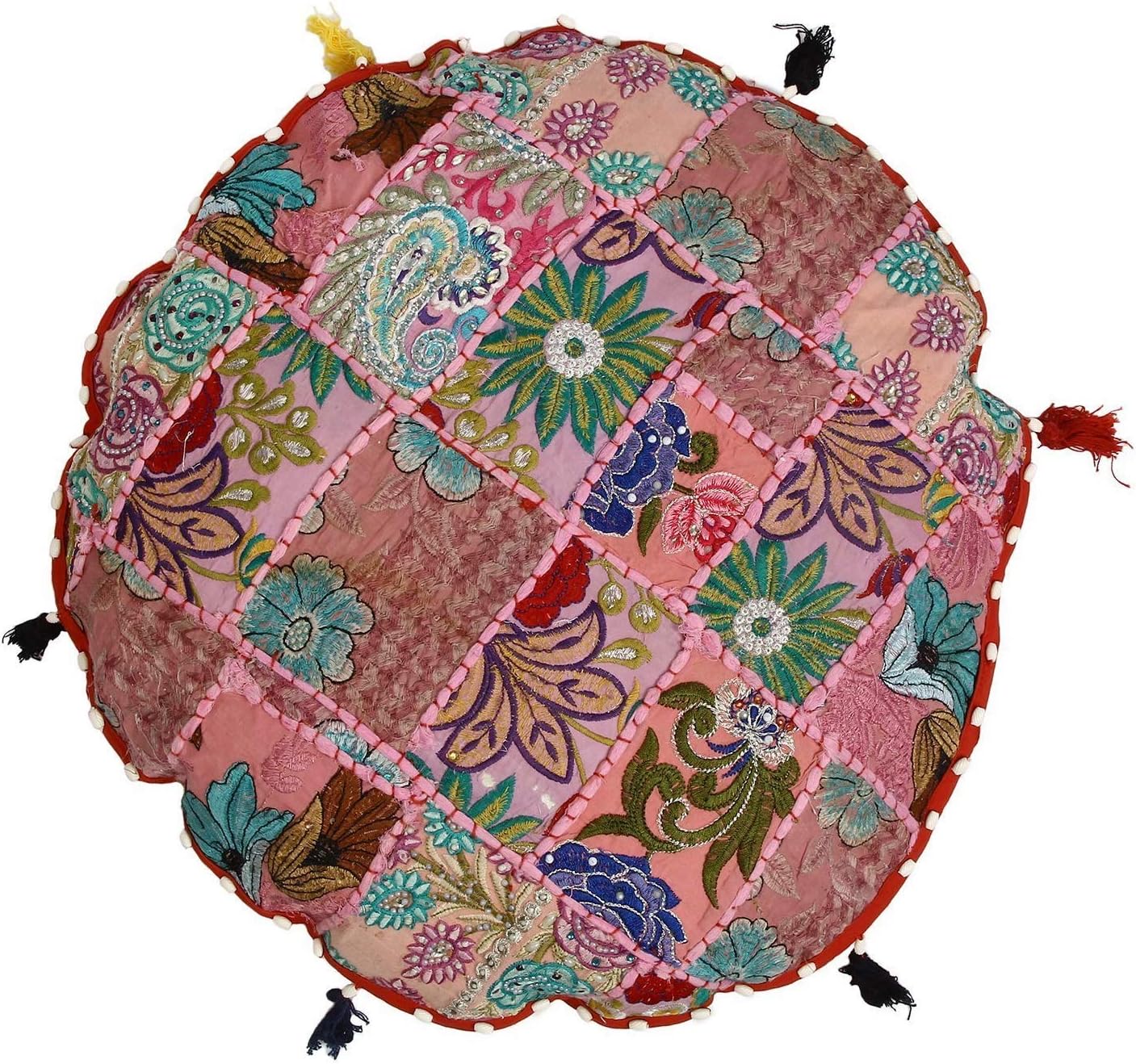 Sophia Art Round Floor Pillow Cushion Patchwork Pouf Ottoman Vintage Indian Foot Stool Bean Bag Floor Pillow Cover Home Decor Living Room Ottoman Bohemain Pillows (Red, 28 Inch)