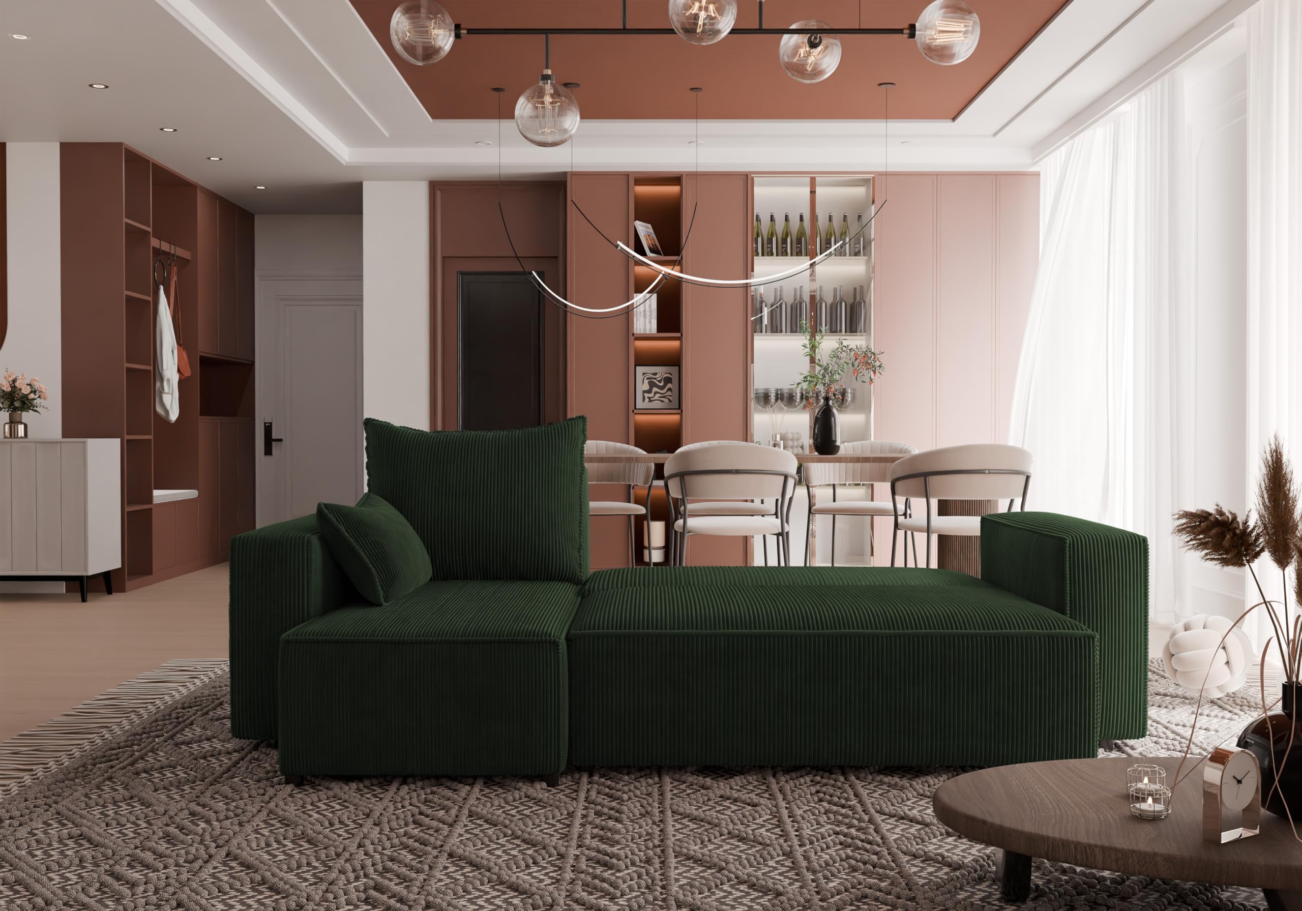 Ecksofa mit Schlaffunktion Tobi 246x145 cm - Couch - Sofa mit Bettkasten - Eckcouch - L-Form - Schlaffsofa - Schlafsofa mit Bettkasten - Universal (Cord Poso 14 Flaschengrün)