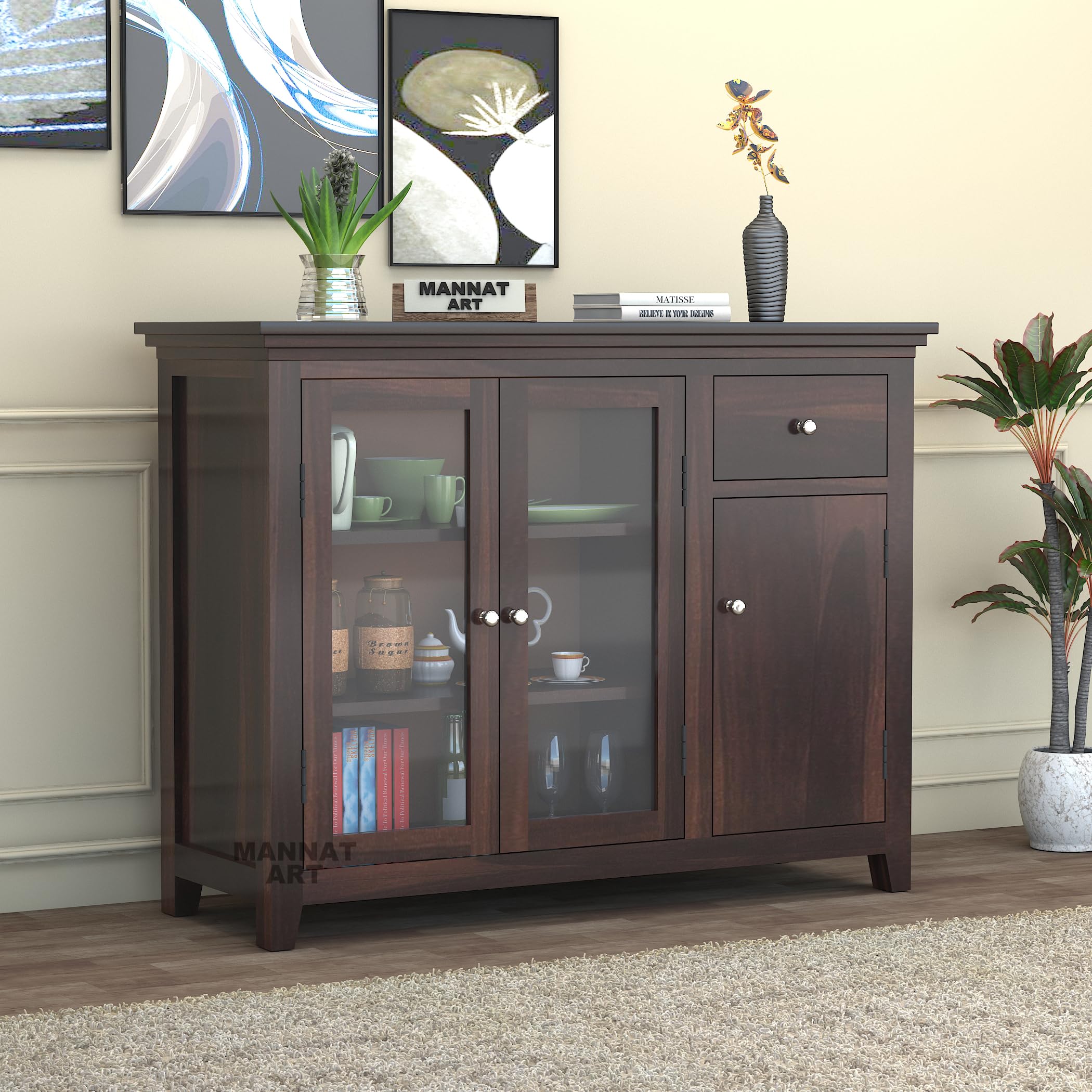 MANNAT ARTS Sheesham Wood Storage Cabinet with 1 Drawer 3 Shelves and 3-Door Glass Display | Kitchen Wooden Cabinet in (Walnut)-image-5