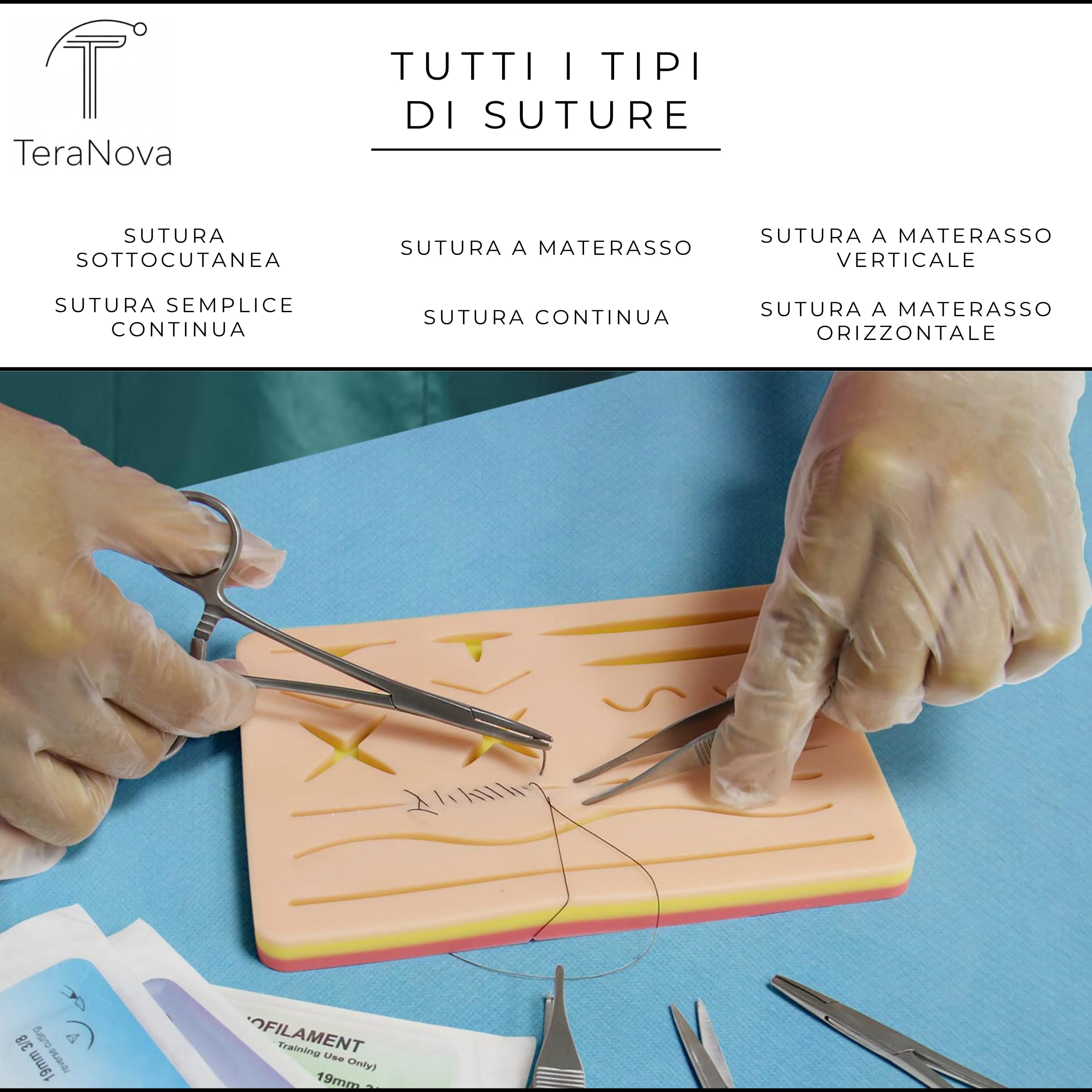 Kit di Sutura Completo 33 Pezzi per Studenti di Medicina, Infermieristica e Veterinaria – Cuscinetto Silicone 3 Strati con 14 Ferite, 6 Strumenti, 24 Fili (4 Tipi), 3 Lame, Ebook e Corso Video