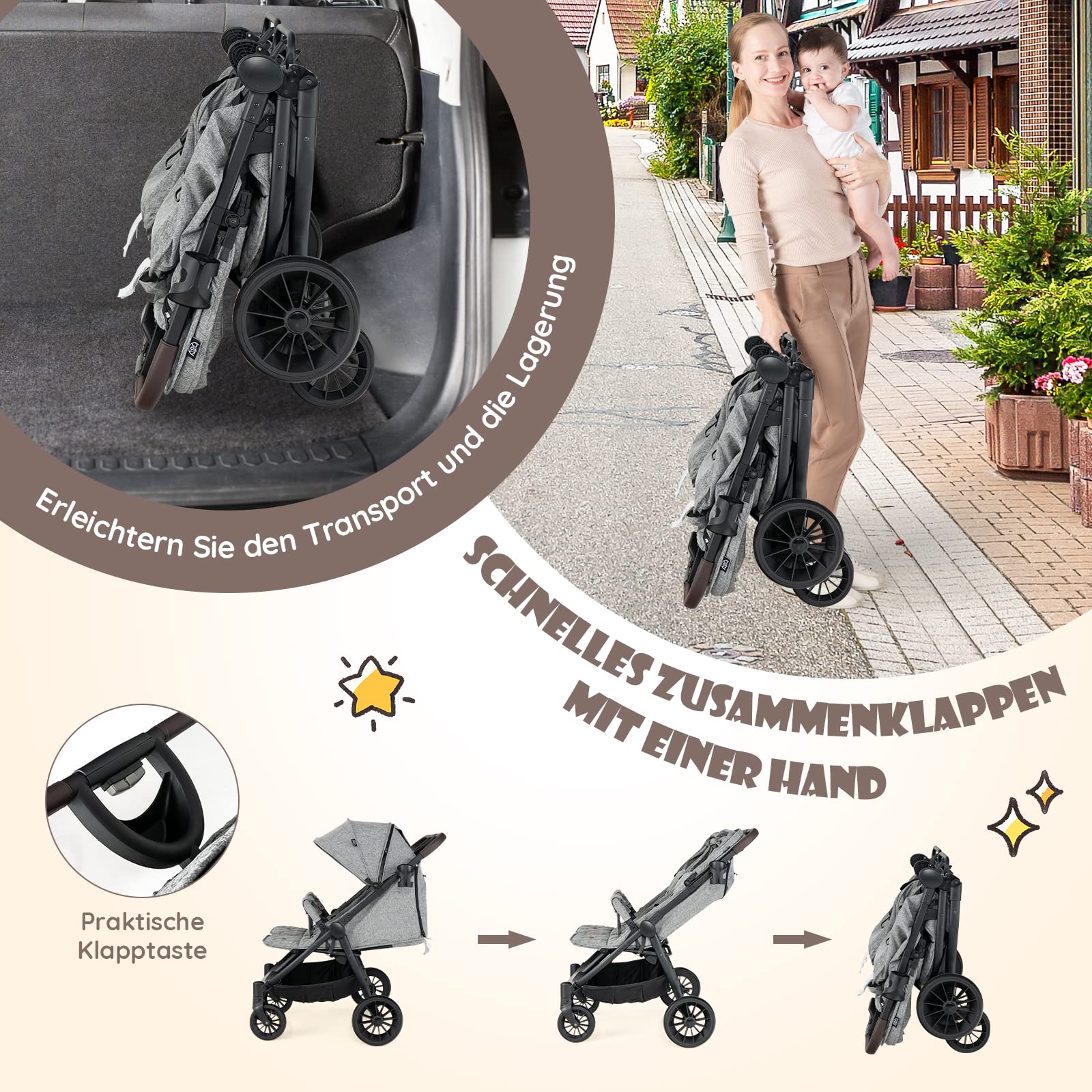 COSTWAY Geschwisterwagen klappbar, Zwillingswagen mit verstellbarer Rückenlehne, Fußstütze & Baldachin, Reisebuggy für Baby bis 3 Jahre (Grau)