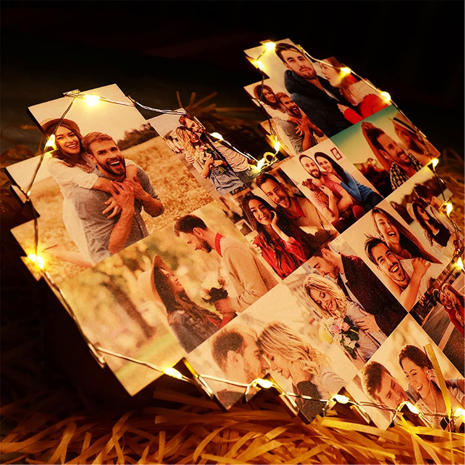 Personalized 15 Photos Collage Lamp Heart Shape Night Light Wall Hanging Lights LED Photo Frame Light for Lover, Family (15 Photos + Acrylic Material)