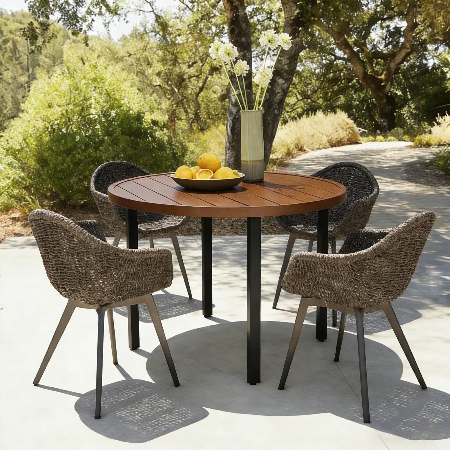 Seekverse All-Weather 42" Round Metal Patio Table for 4-8, Walnut Finish Outdoor Dining Bistro Table with Adjustable Umbrella Hole