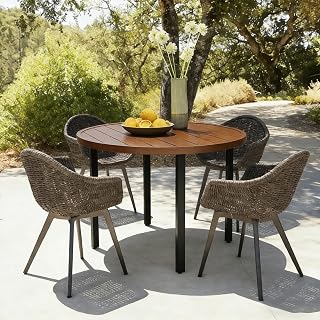 Seekverse All-Weather 42" Round Metal Patio Table for 4-8, Walnut Finish Outdoor Dining Bistro Table with Adjustable Umbrella Hole